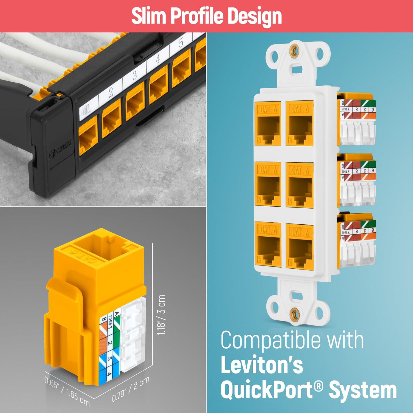 Everest 90° Angled RJ45 Cat6 Keystone Jacks 100-Pack in Yellow - Slim Profile Female RJ45 Connectors - Cat 6 Keystone Jack - Compatible with 90° Angled Speed Termination Tool - easyJACK (B094WB91H3)