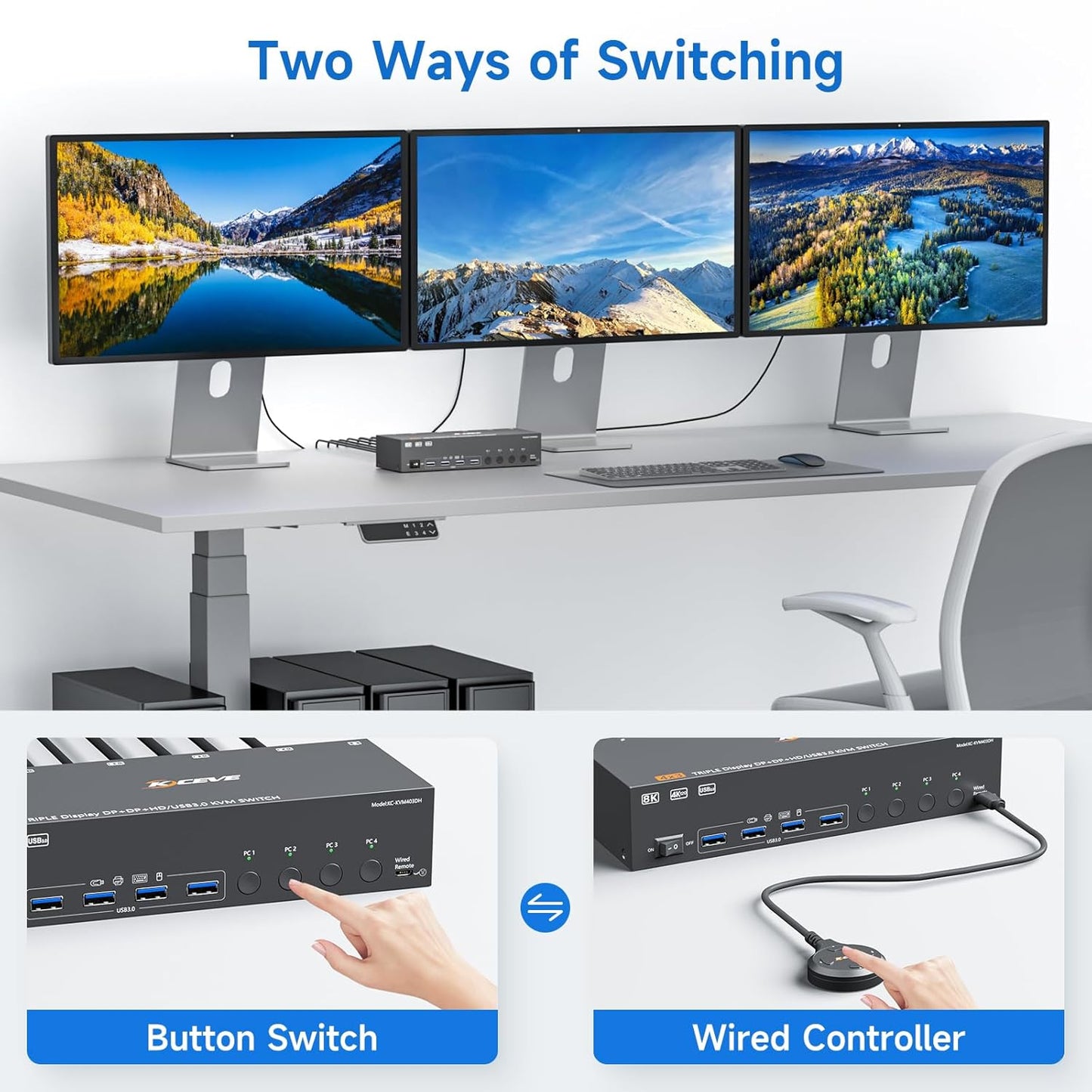 HDMI+2 Displayport KVM Switch 3 Monitors 4 Computers 8K@60Hz 4K@144Hz,4 Port KVM Switches Triple Monitor Share 3 Display and 4 USB3.0 Ports Support Extended/Mirror Mode.
