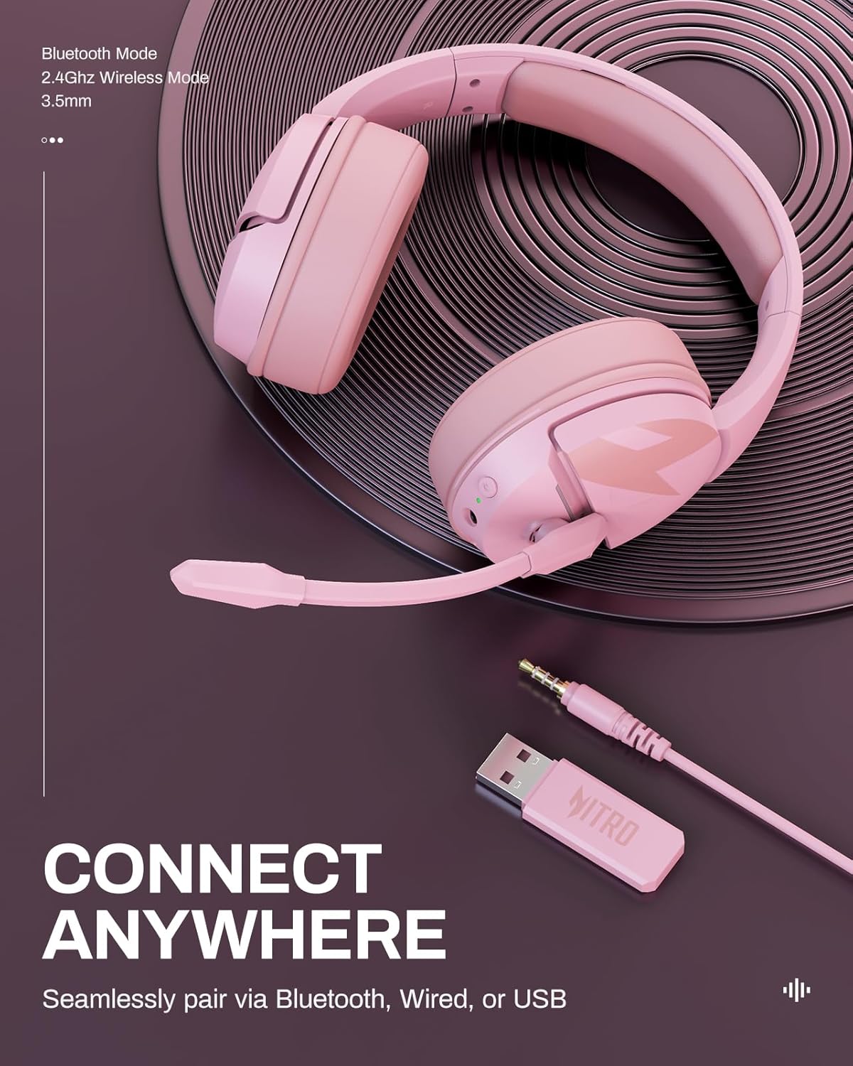 acer Wireless Gaming Headset, PS5 Headset with 2.4GHz for Ps5, Ps4, PC, Switch, Bluetooth 5.3 + 100Hrs Gaming Headphones with Noise Canceling Mic for Laptop, Mobile, Mac, 50mm Drivers (Pink)