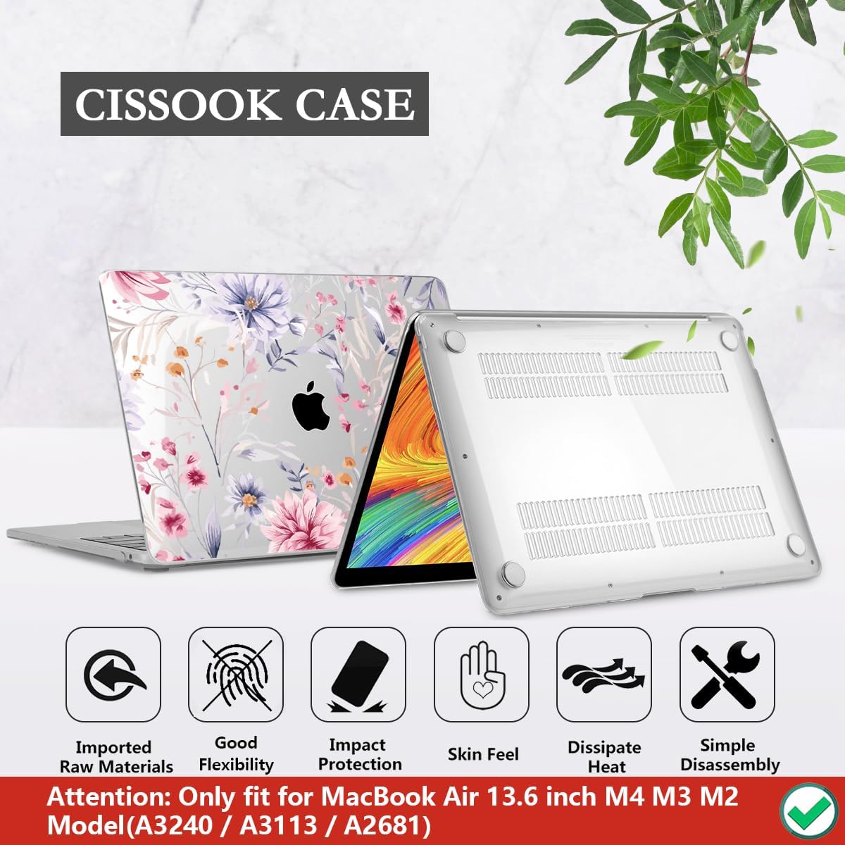 CISSOOK Flower Case for MacBook Air 13.6 Inch M4 M3 M2 Chip Model A3240 A3113 A2681, Plastic Shell Cover with Keyboard Cover Screen Protector for MacBook Air 13 2022-2025, Flowers Watercolor