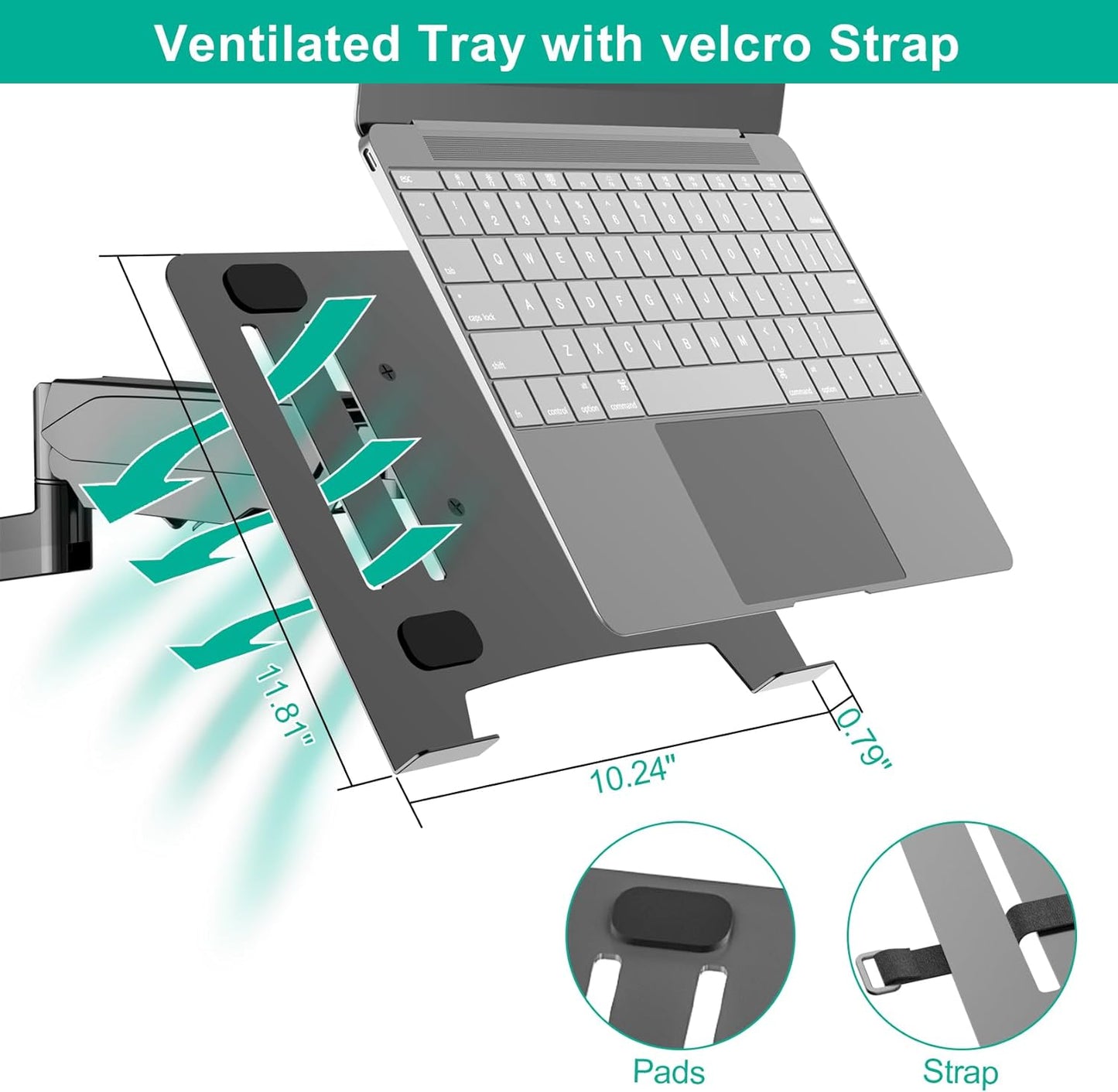 Laptop Wall Mount, 2-in-1 Gas Spring Wall Holder with Vented Tray for 12"-17" Notebook/13-32 Computer Screen, Full Motion Adjustable Wall Mount Laptop Stand Holds 3.3-17.6lbs