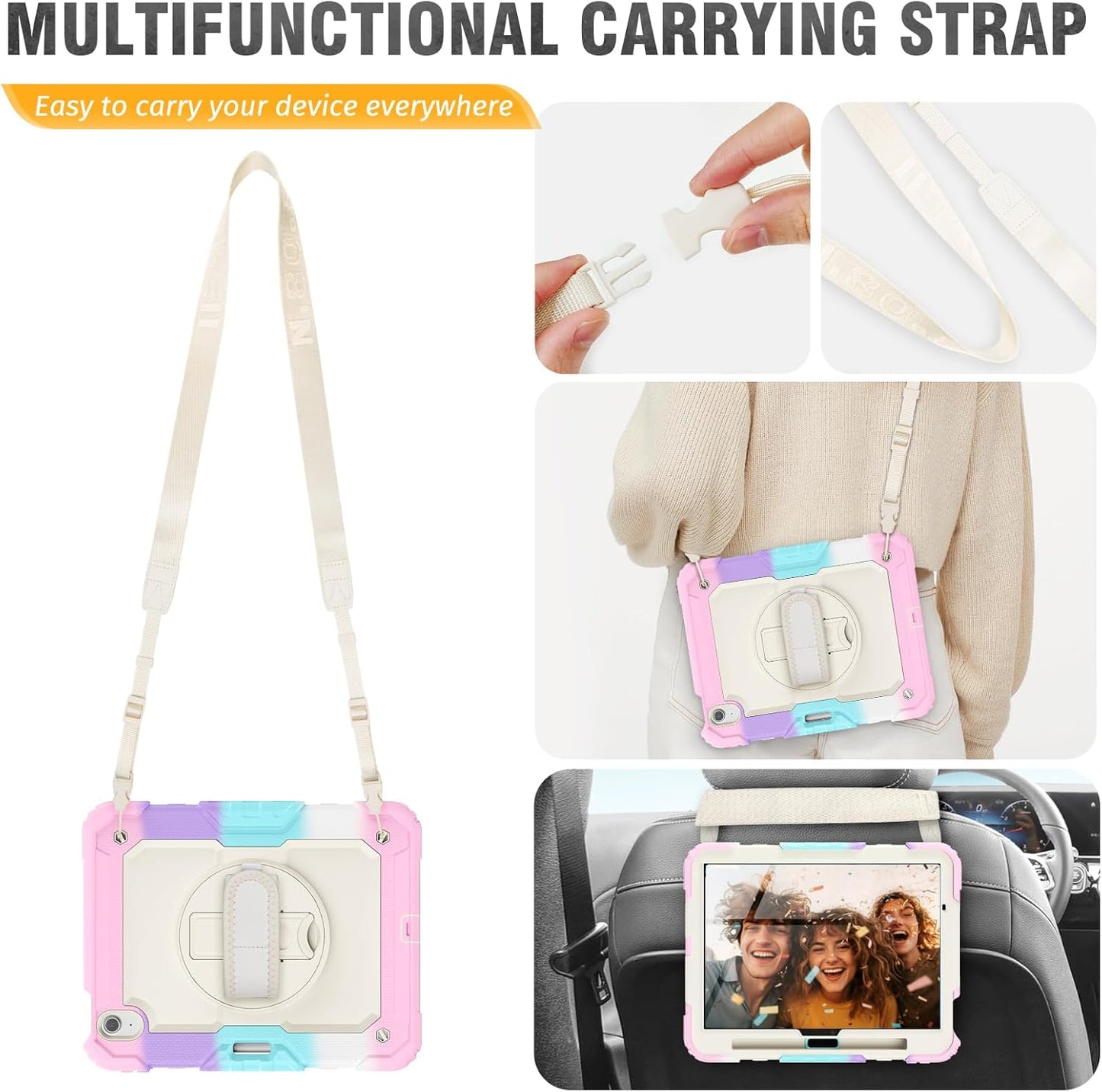 HXCASEAC Case for iPad Air 11 inch (2025 M3 / 2024 M2), Shockproof Design with Pencil Holder/Screen Protector/Rotating Hand Strap, Protective Cover for iPad Air 7th/6th Generation - Pink