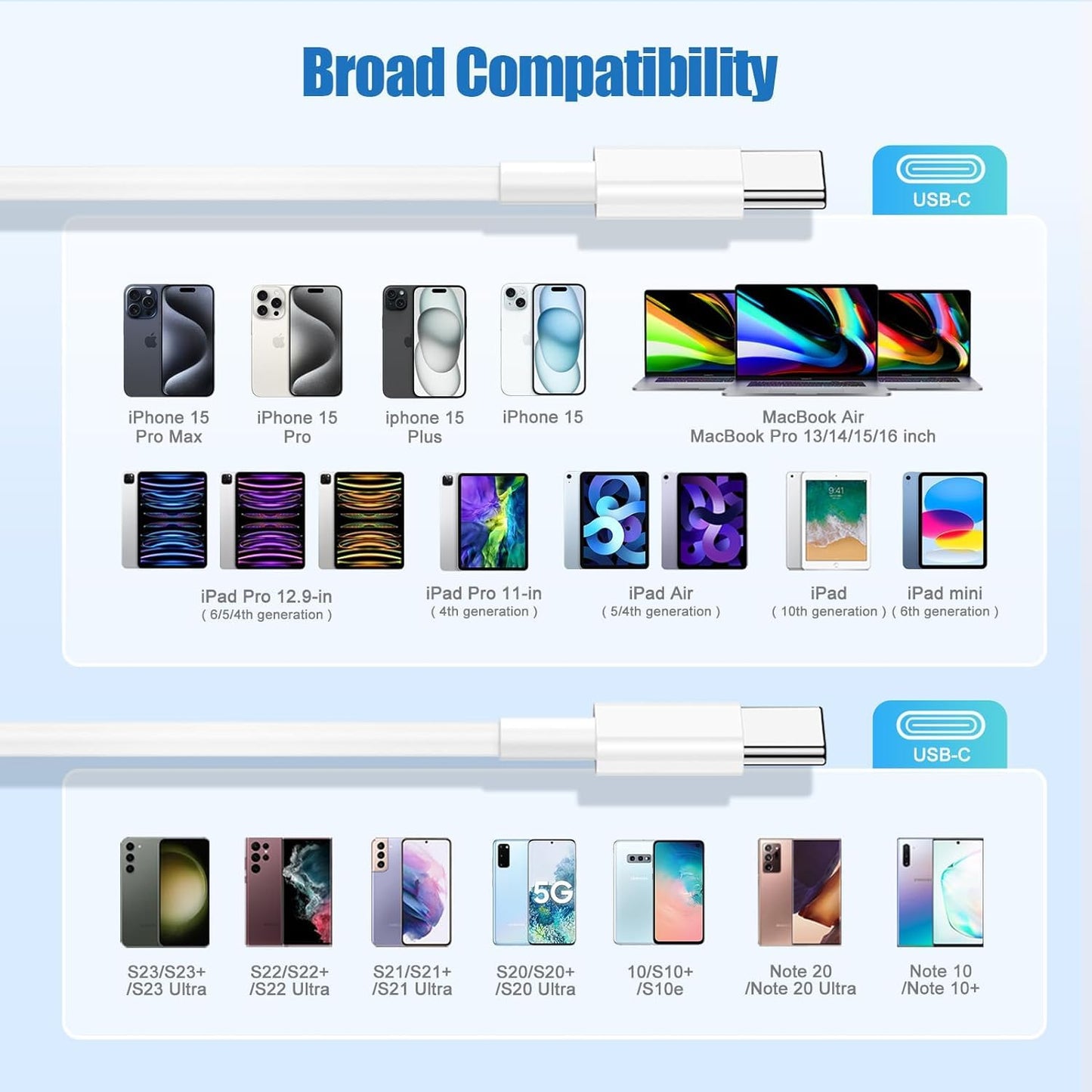 2-Pack 10FT 60W USB C to USB C Cable, Type C to Type C Cable,Fast Charging Cable Compatible with iPhone 15/Plus/15 Pro/Pro Max,Samsung Galaxy S23 S22, iPad Pro, MacBook Air and More