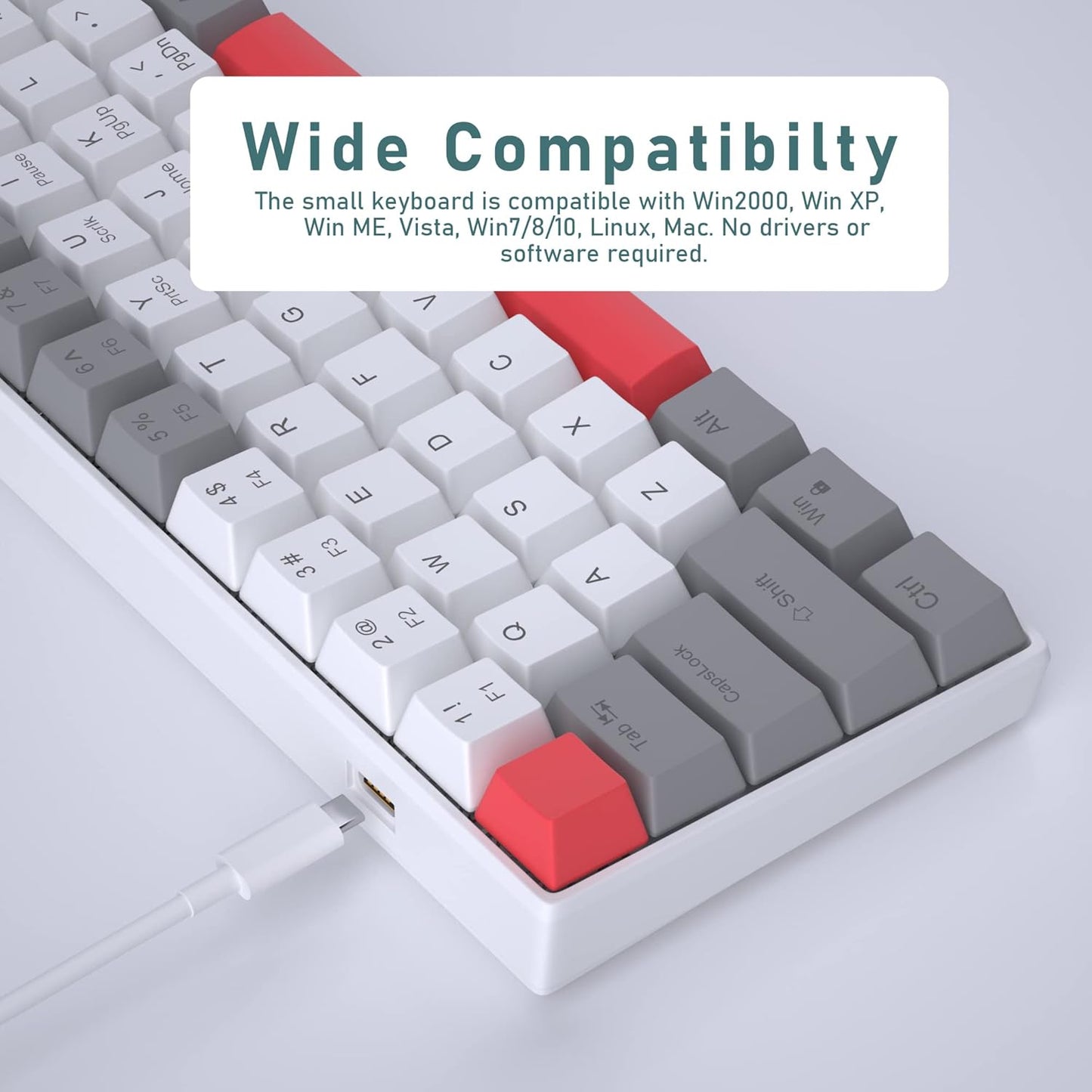 60% Mechanical Gaming Keyboard,Mixed Color Keycaps Gaming Keyboard with Red Switches, Detachable Type-C Cable Mini Keyboard with Blue LED Light for PC/Laptop