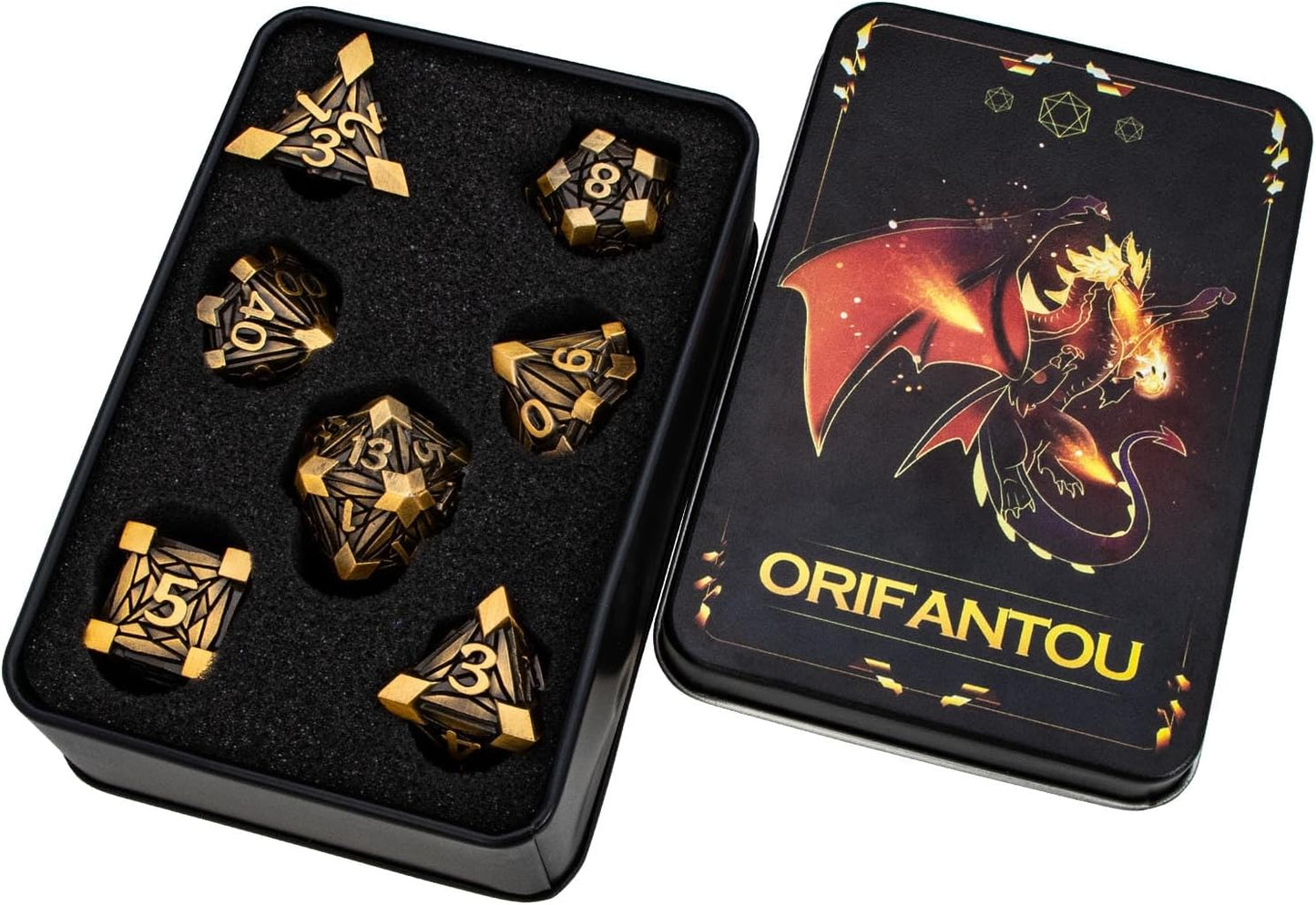 7PCS Metal DND Dice Set with Box, Debris RPG Red D and D Dice for use with D&D Tabletop Games Role Playing Game Polyhedral Dice Set D20 D12 D10 D8 D6 D4