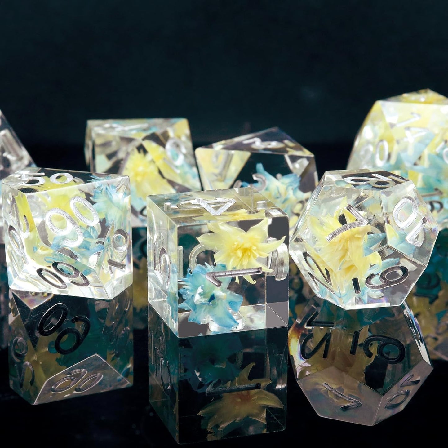 Haxtec Flower DND Dice Set Sharp Edge Dice with Dice Case Handmade Blue Yellow Resin D&D Dice Set for TTRPGs Compatible with Dungeons and Dragons Gifts
