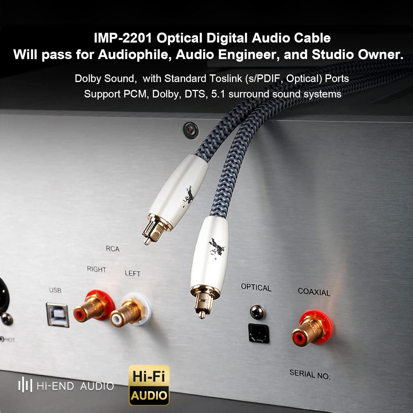 Digital Fiber Optic Audio Cable for Sound Bar Toslink Cord Male to Male 24K Gold Plated Connector Optical Audio Cable 6ft 10ft S/PDIF Glass Core, 6.56feet/2M IMP-2201