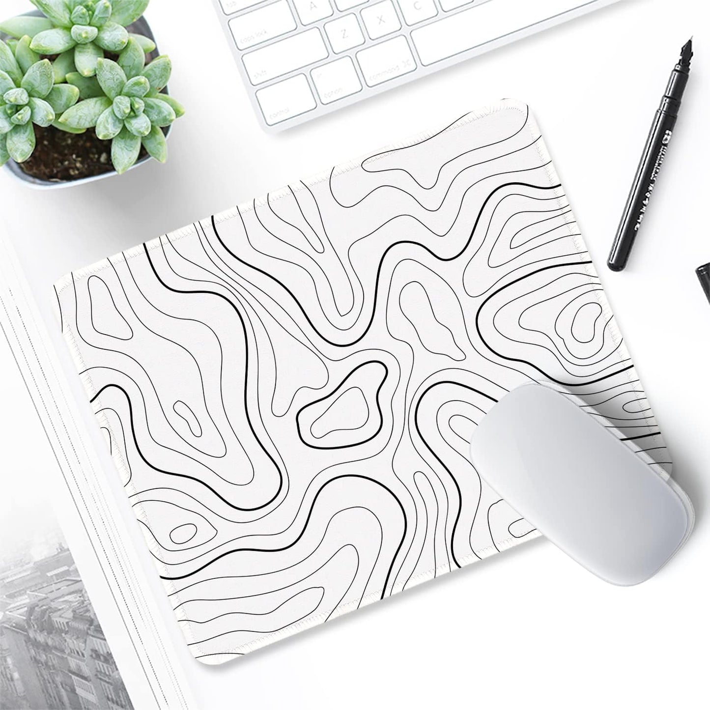 ITNRSIIET Mouse Pad with Stitched Edge Premium Textured Smooth Precise Operation Waterproof Washable Non-Slip Rubber Base Desktop Protection Mat, 10.2×8.3×0.12 inches, Topographic Contour White