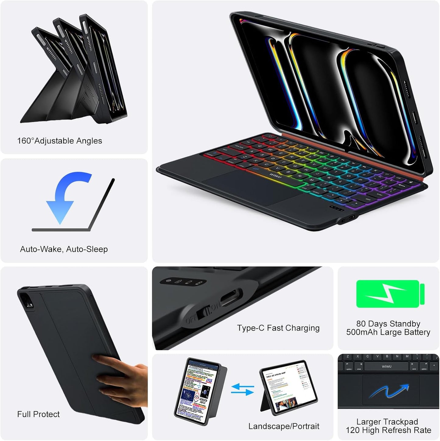 iPad Pro 11 inch Case with Keyboard (M4 2024),Flex Magnetic Detachable Magic Keyboard,Multi-Touch Trackpad,7-Color Backlit,Landscape/Portrait,160° Adjustable Stand for iPad Pro 11 (5th Gen) (Black)