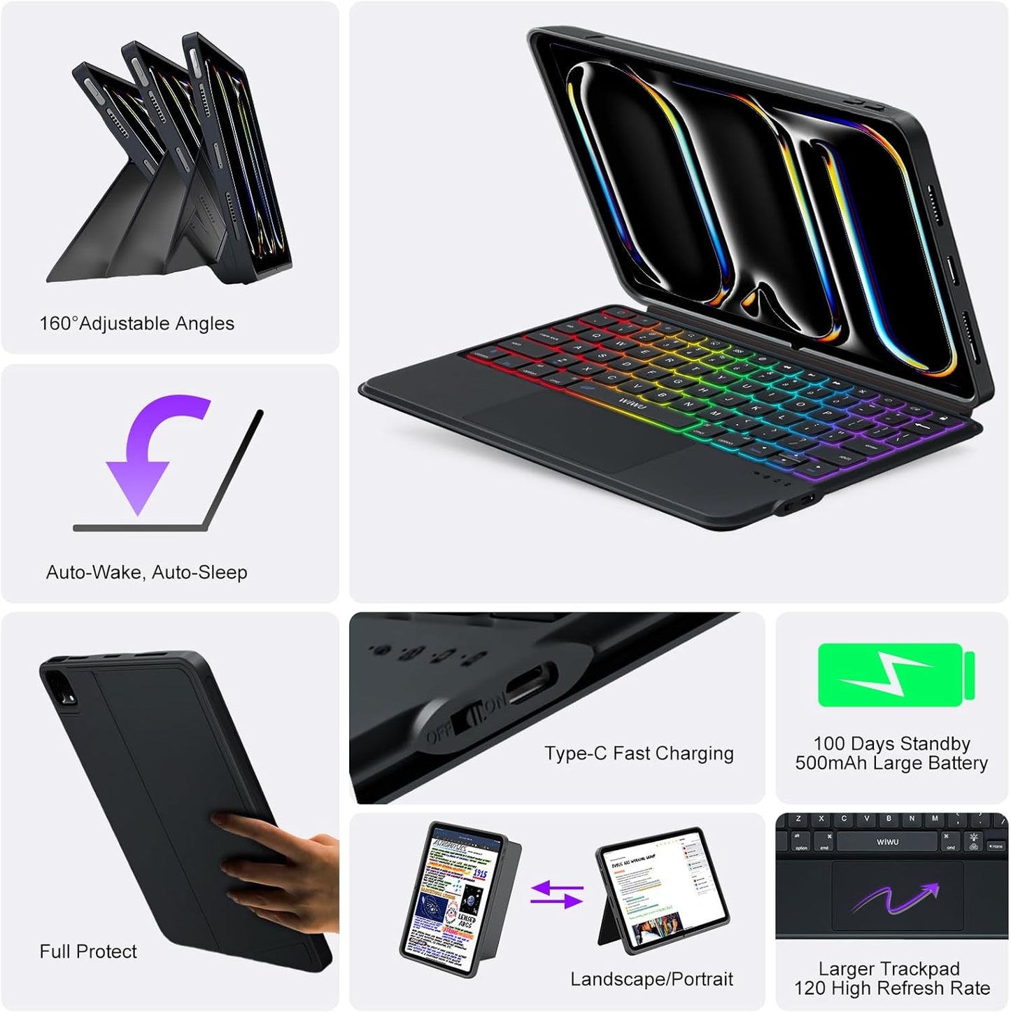 iPad Pro 13 inch Case with Keyboard (M4 2024), Flex Magnetic Detachable Backlit Keyboard for iPad Pro 13, Larger Multi-Trackpad, Landscape/Portrait, 160° Adjustable Stand, Slim Protective Case (Black)