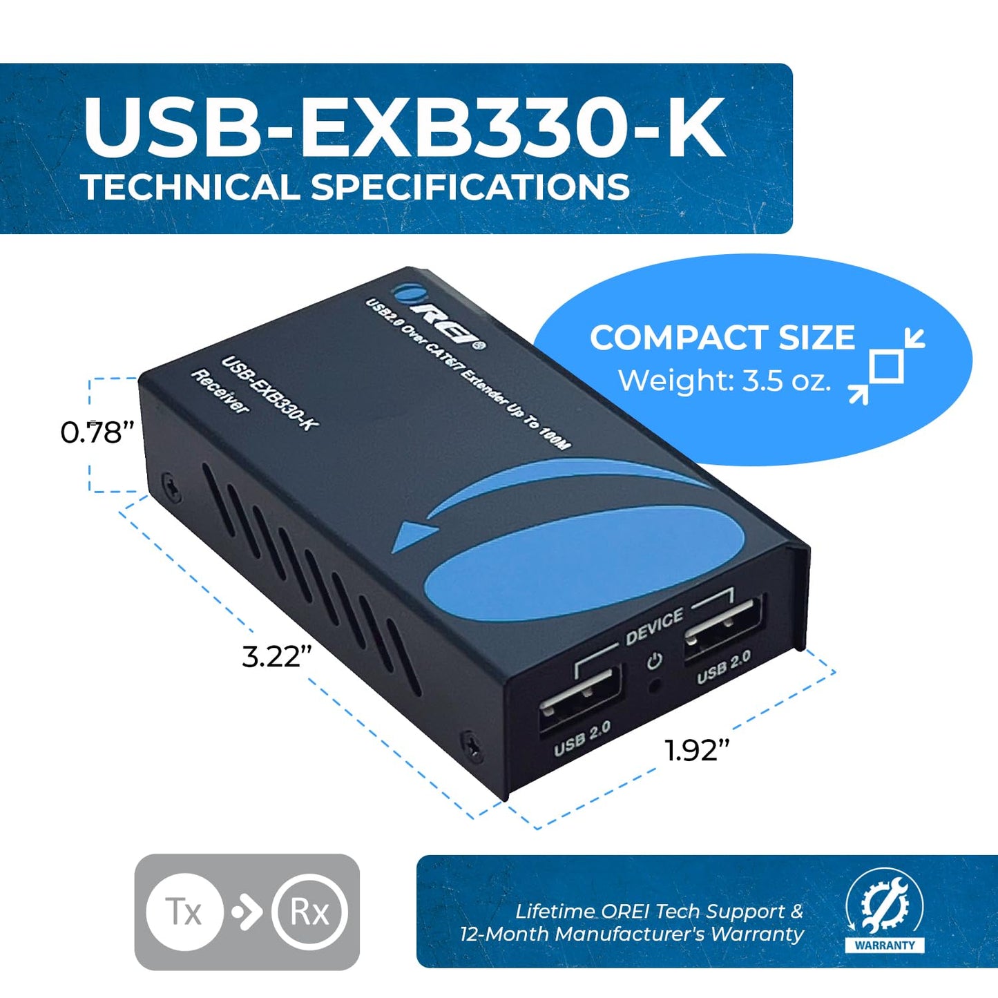 OREI USB 2.0 Over Ethernet Cat5e/6 Extender LAN Upto 330 Feet - Extends 2 Ports USB-A Signal Over LAN Ethernet - Power Over Cable for Long Distance Extension Supports All Operating System