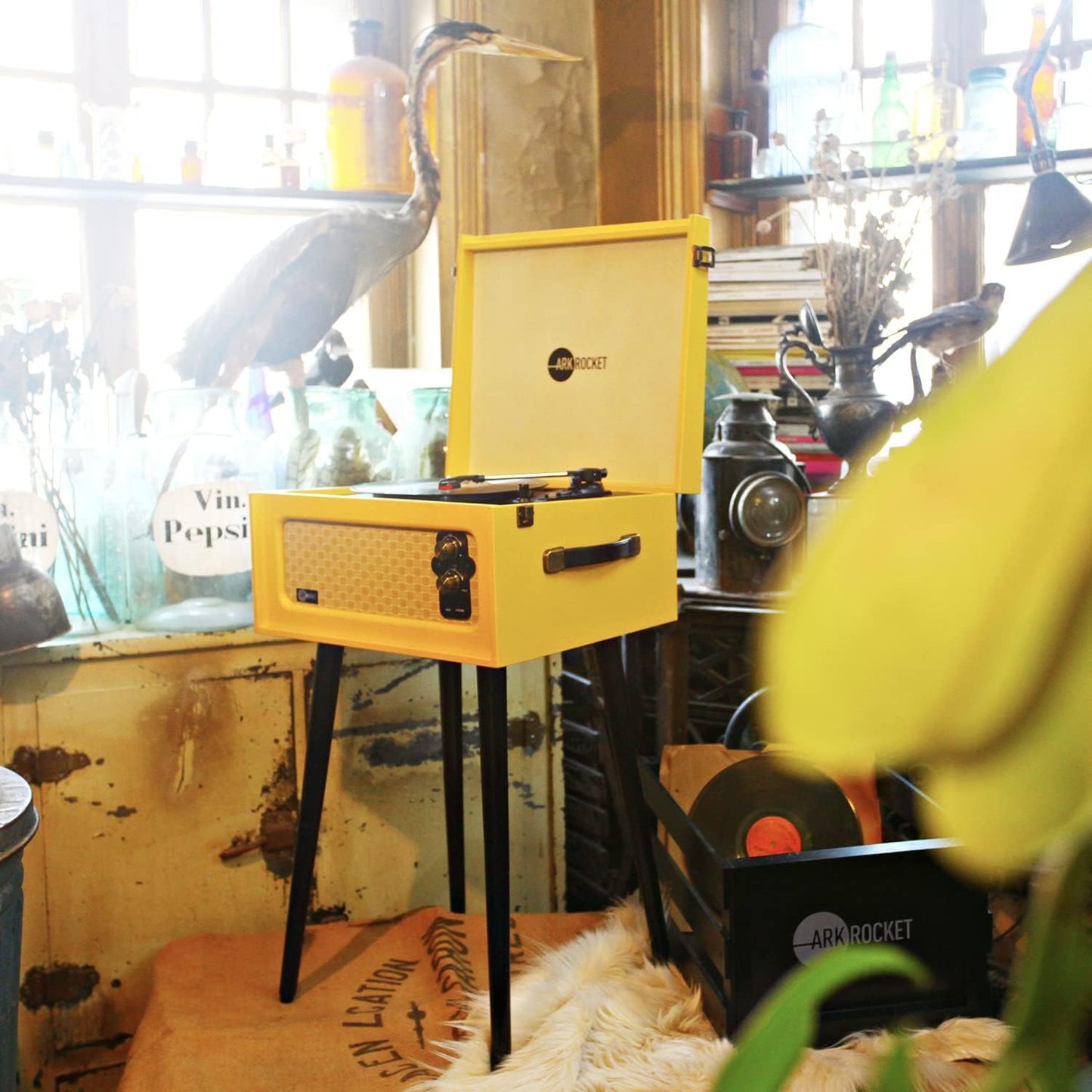 Arkrocket 3-Speed Bluetooth Record Player Retro Turntable with Built-in Speakers and Removable Legs (Yellow)