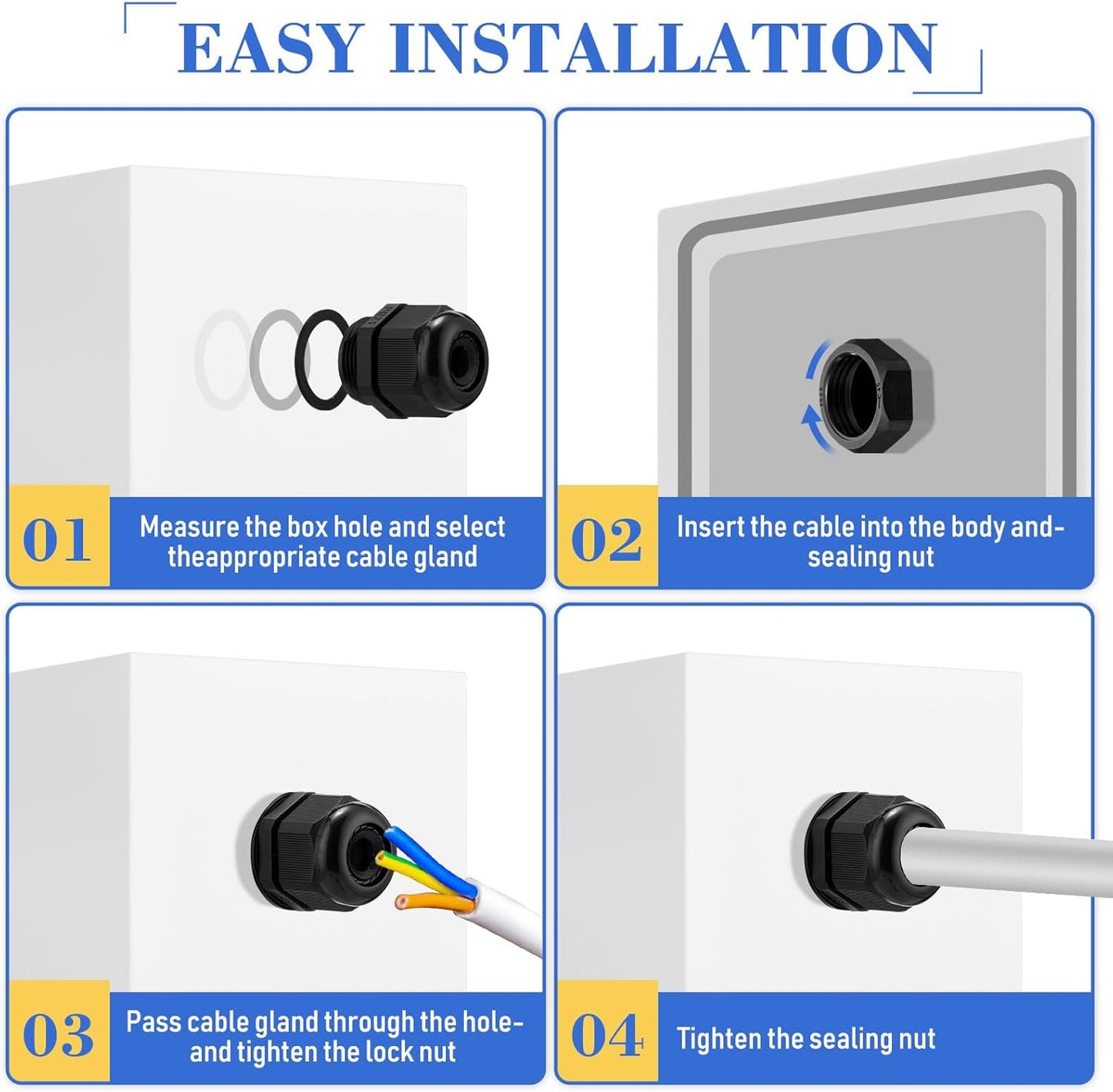 Duraaamo 100pcs Nylon Cable Gland Kit 3-25 mm Cable Gland Connectors NPT Waterproof Strain Relief Cord Connector Black Plastic Cord Grip Weatherproof Cable Pass Through PG7 PG9 PG13.5 PG21 PG29