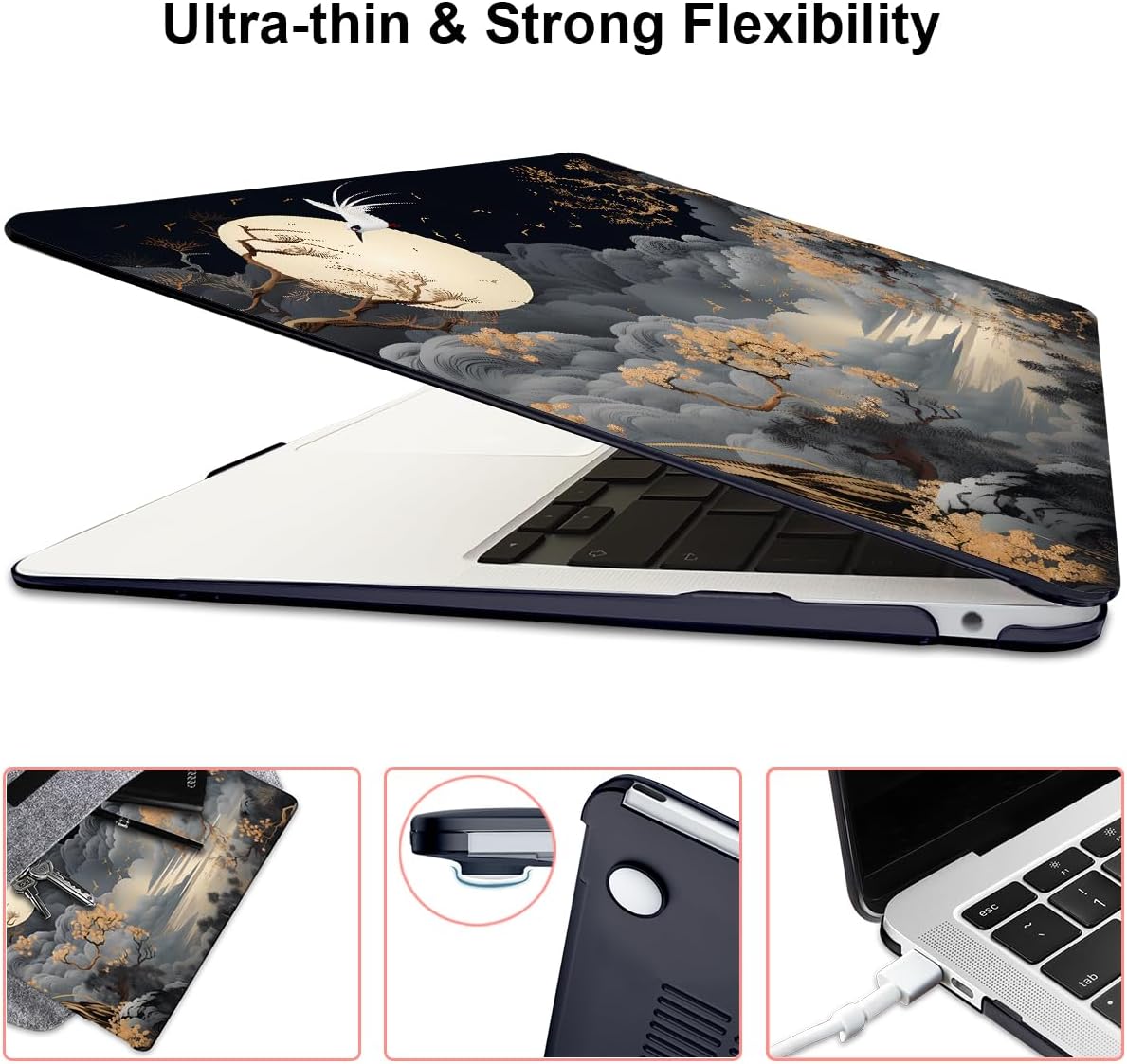 for MacBook Air 13 inch Case 2021 2020 2019 2018 Release A2337 M1 A2179 A1932 with Touch ID, Crystal Black Pattern Plastic Hard Shell Case Cover for Mac Air 13 M1, Tide Illustration 2