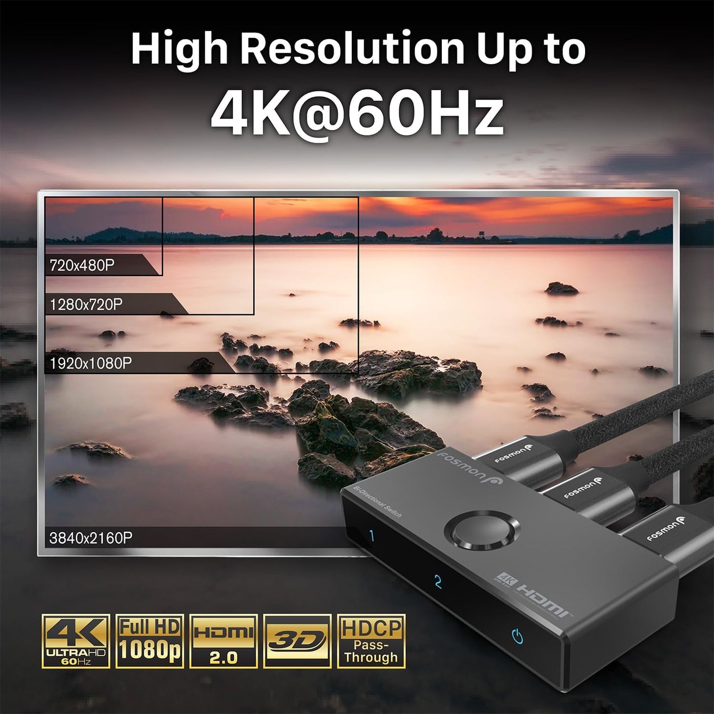 Fosmon 4K HDMI Switch 4K@60Hz, Bi-Directional 1 in 2 Out / 2 in 1 Out HDMI Switcher, High Speed 18Gbps Splitter Selector Compatible with PS5, PS4, Xbox, Roku, Apple TV, Fire Stick