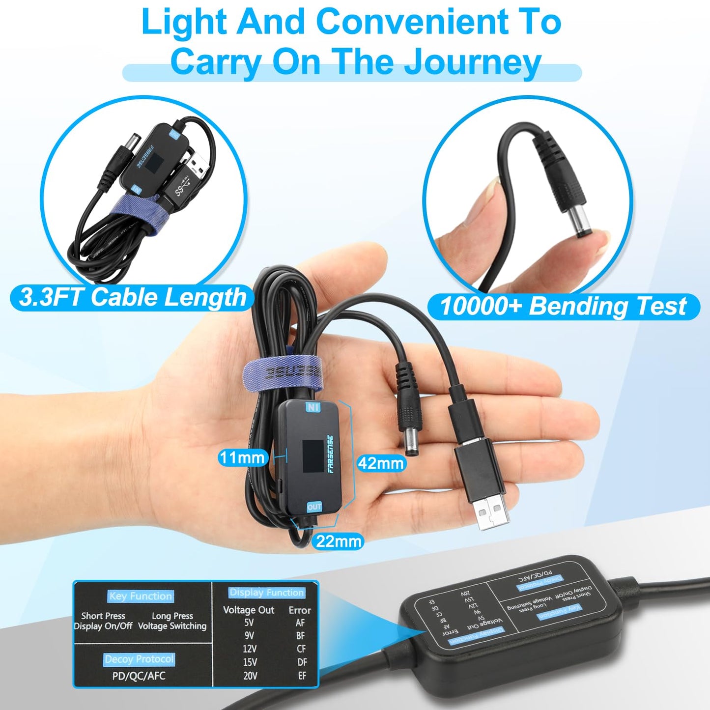 FARSENSE USB C to DC Adapter,Barrel PD Trigger Cable(3.3ft) with 10 Connector Tips,USB to DC Power Cable can Switch Voltage by Pressing The Key,Support LED Display Voltage