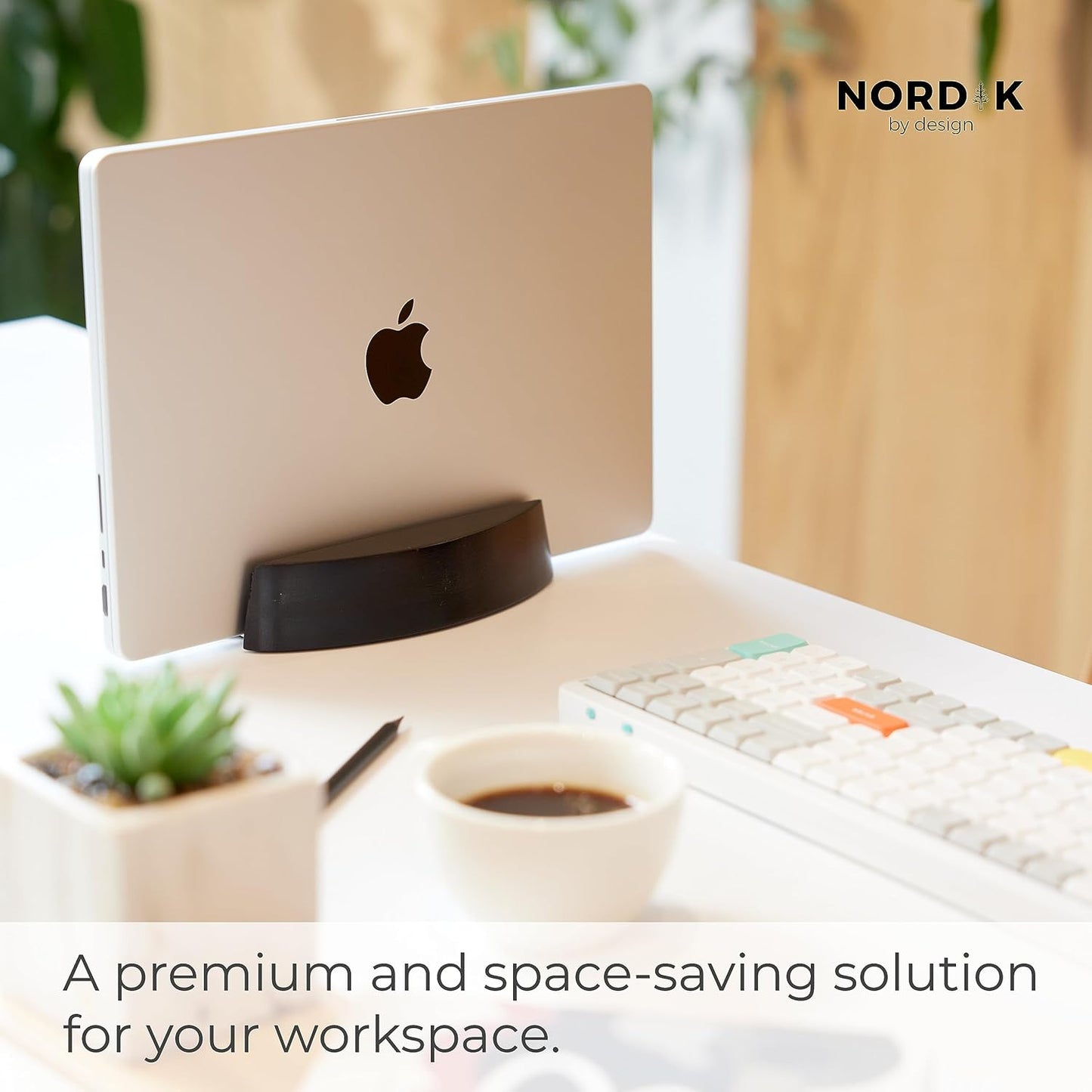 Nordik Vertical Laptop Stand - Black - Premium Laptop Dock and Holder for Home Office, Software Engineers - Space Saving Desk Dock for Mac Users and Laptop Users - Stable Non-Slip Wood Stand