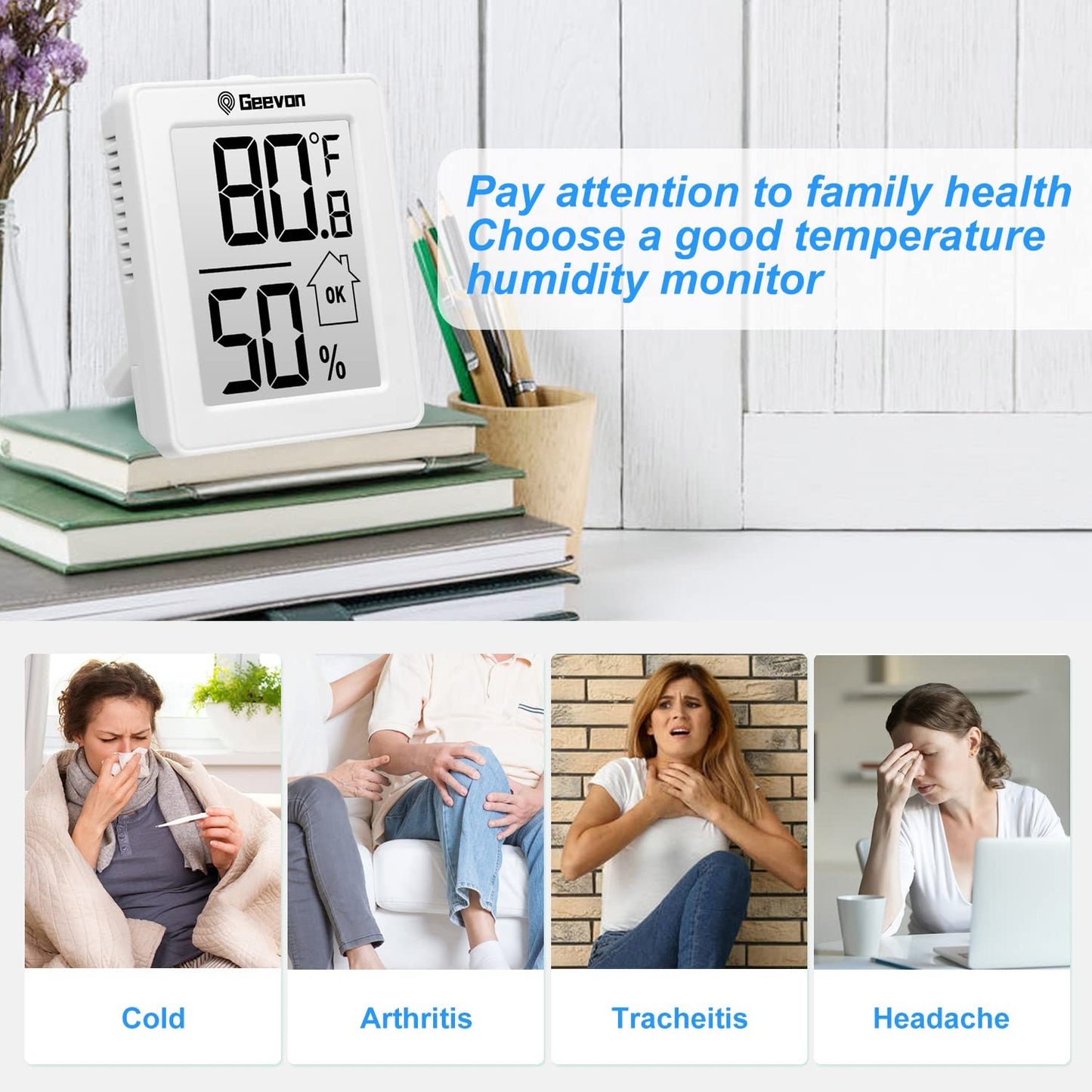 Geevon Indoor Thermometer Room Temperature Monitor,3 Pack Temperature Humidity Gauge Thermometer Hygrometer with Battery for Home, Office, Greenhouse, White