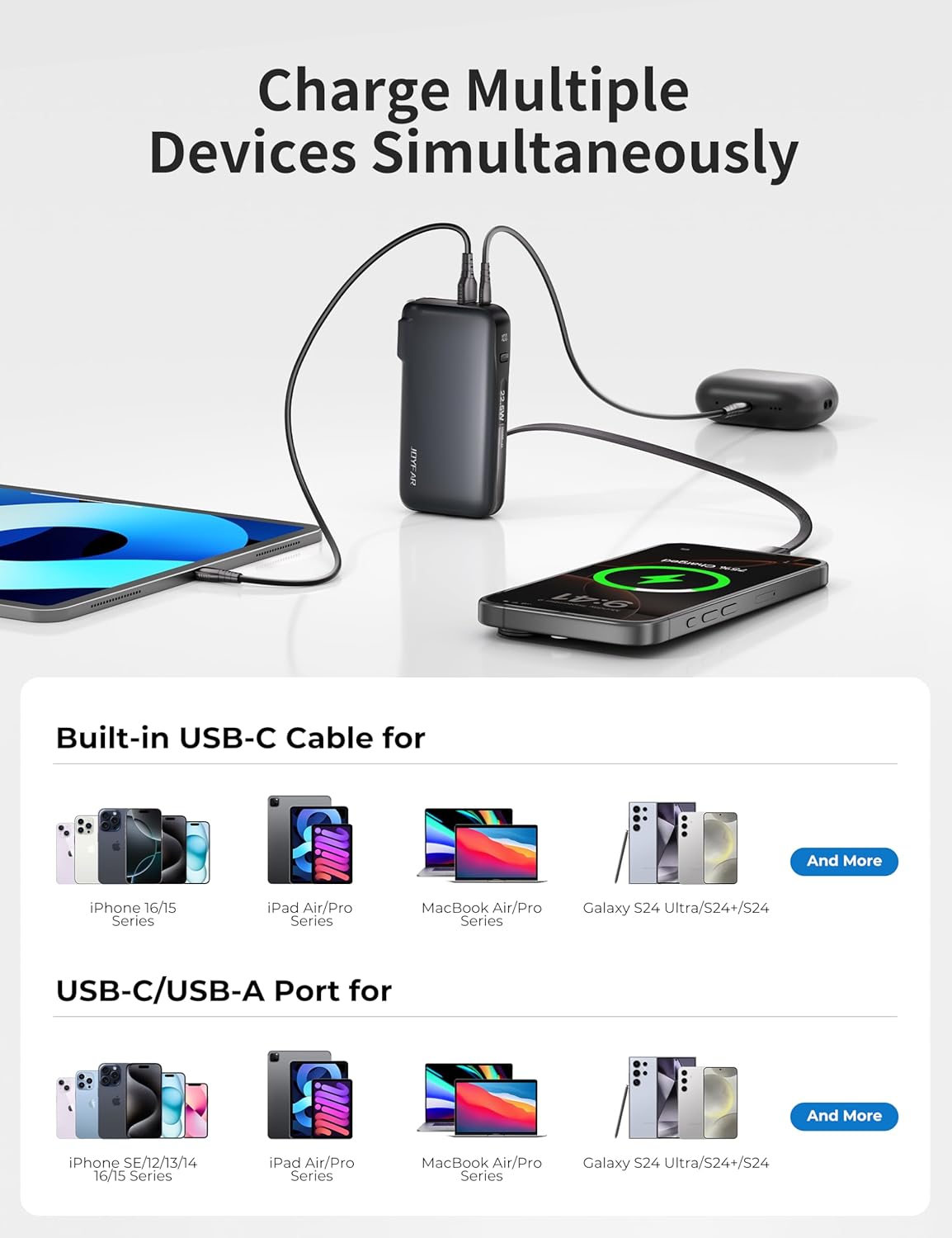 1 Pack Portable Charger with Built-in USB-C Cable & Plug, 10,000mAh 5V/4.5A Power Bank Fast Charging 22.5W, Travel Essential Battery Pack 3 Output for iPhone 16/15 Series, Samsung Galaxy, iPad