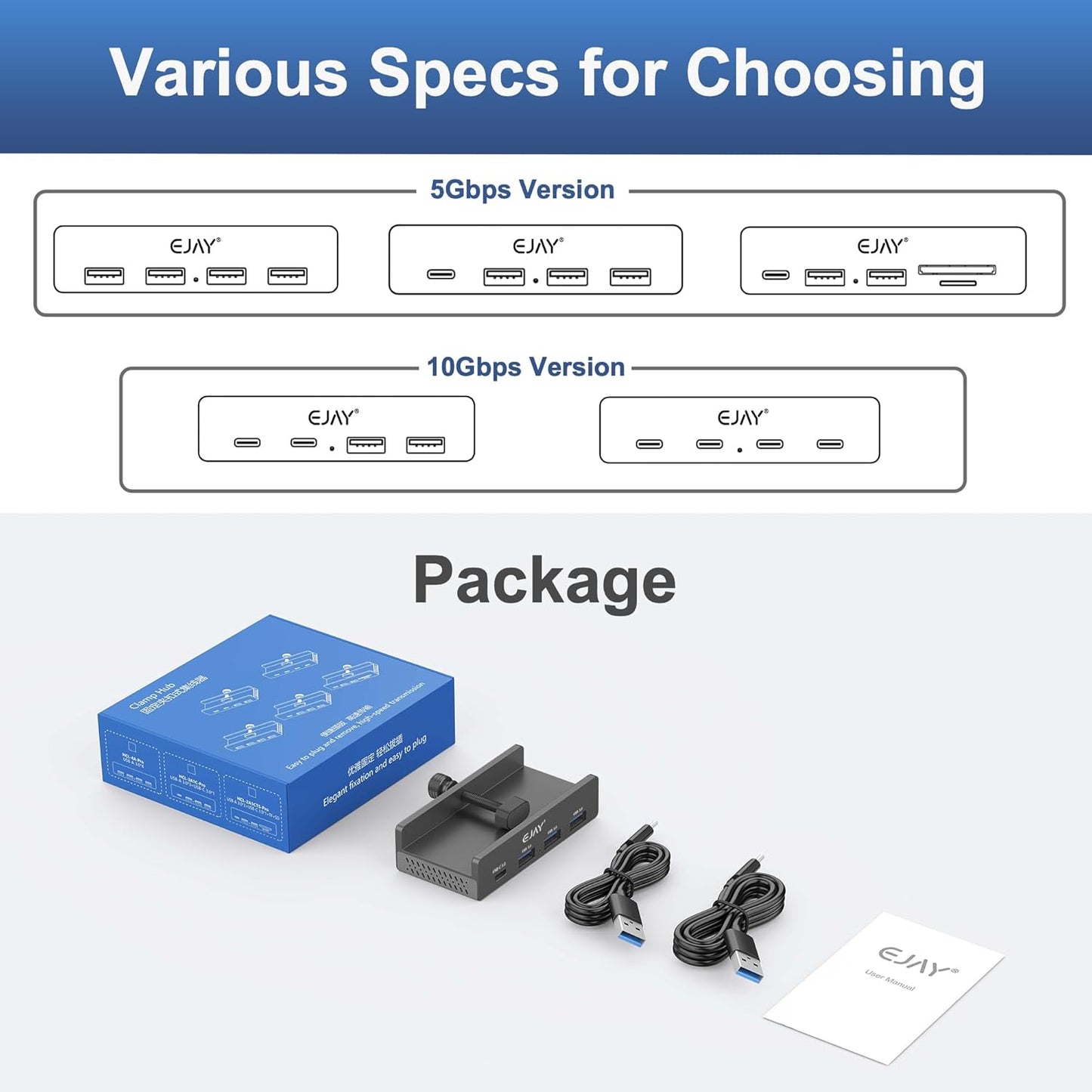 EJAY Mountable 4Ports USB3.0 HUB Alu Desktop Clamp Type C USB3.0 Splitter for Desk/Monitors with Extra Power Supply Port,59inches Data & 39inches Power Cables-5Gbps(3A1C) (JK-3A1C-BK)