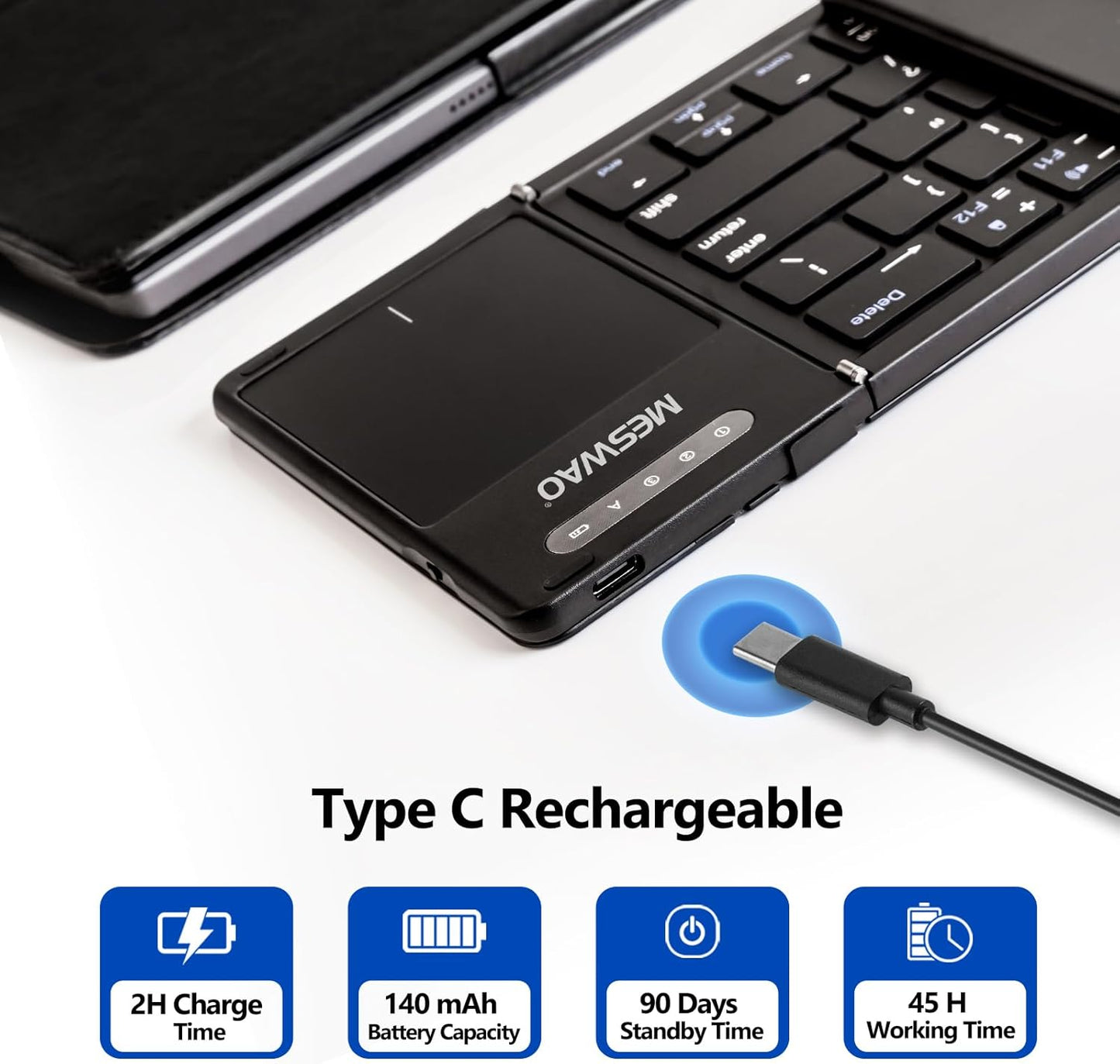 Foldable Bluetooth Keyboard with Touchpad, Wireless Folding Keyboards with PU Leather (Sync up to 3 Devices), Full-Size Portable Keyboard for Android/Windows/iOS