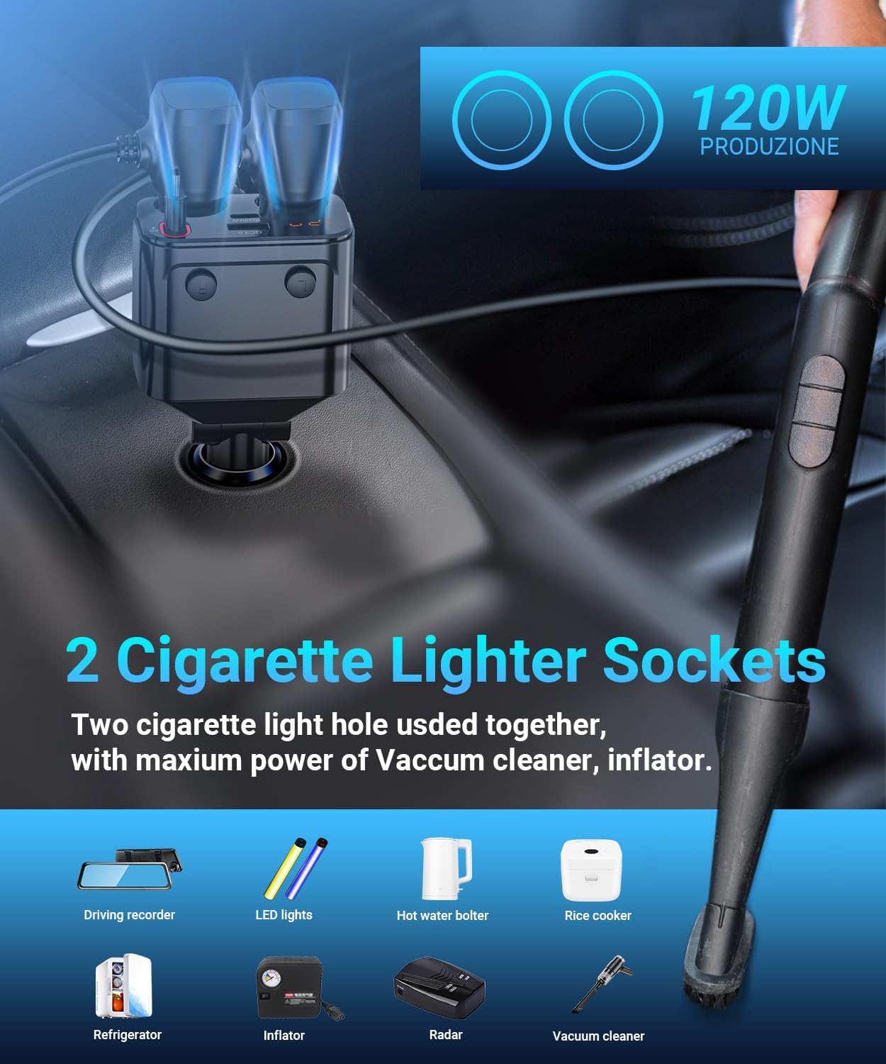 180W Retractable Car Charger Cigarette Lighter Splitter, 5 in 1 USB Fast Car Phone Charger with Retractable Cable 2 USB Ports, 2 Cigarette Lighter Socket with Separate Switch LED Voltmeter