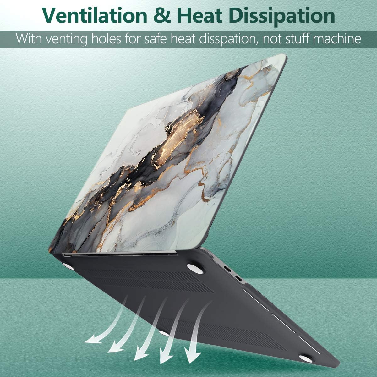 Batianda Case for MacBook Air 13 inch 2020 2019 2018 Release A2337 M1 A2179 A1932, Plastic Hard Shell +Keyboard Cover+Screen Protector for MacBook Air 13 inch Touch ID & Retina,Grey & Gold Ink