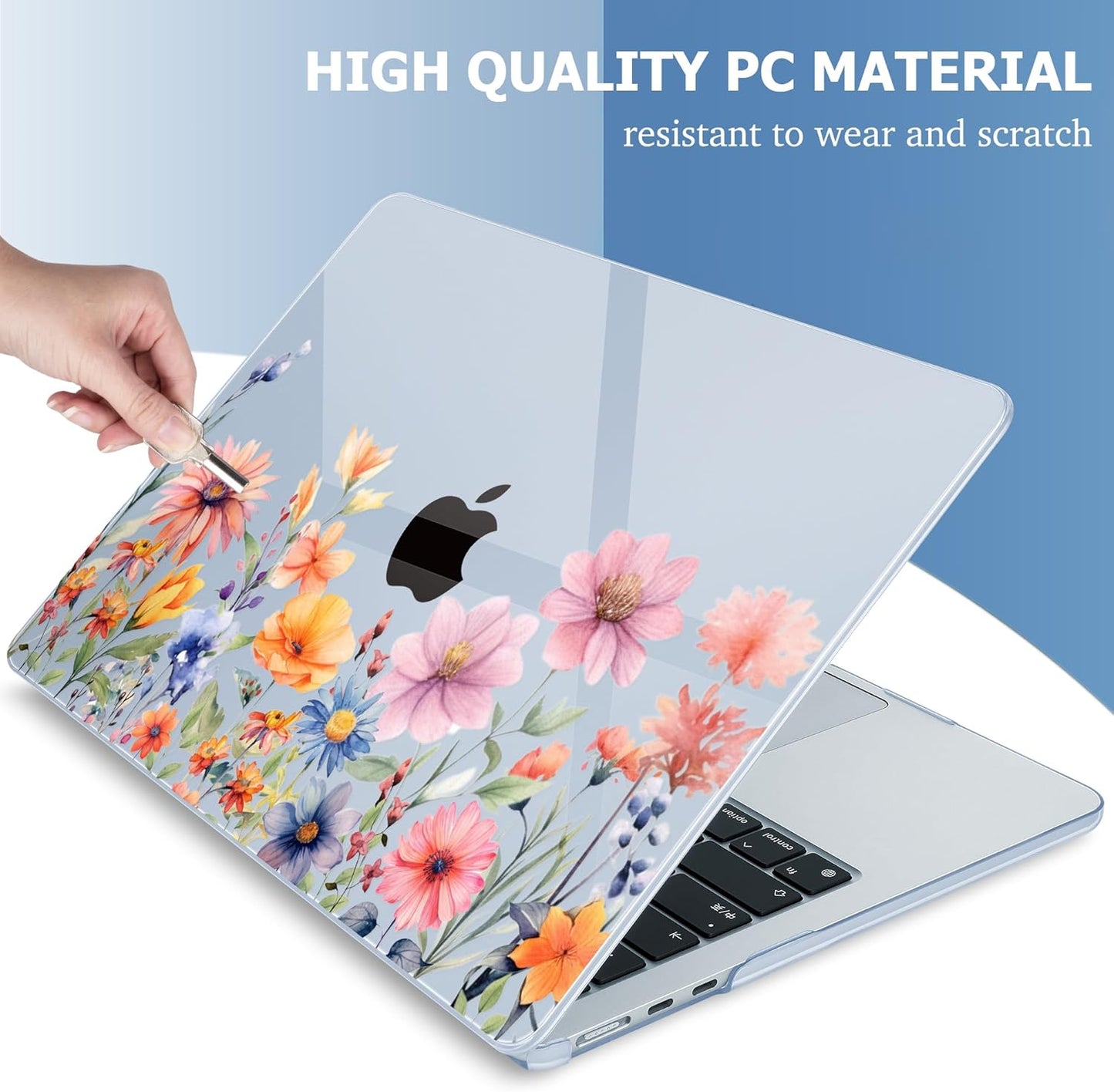 Mektron for 2025 MacBook Air 15 inch M4 Case A3241/ 2024 M3 A3114/ 2023 A2941 M2 Hard Printed Case with 15.3 Liquid Retina Display Touch ID, Plastic Hard Case & Keyboard Skin- Floral P165-Blue