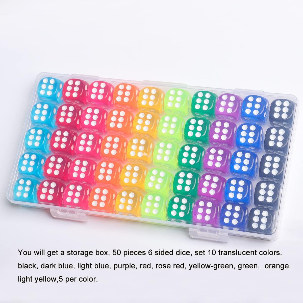 50 Pieces Dice Set, 14mm Bulk 6 Sided Colored Dices for Board Games, Math Learning,Classroom