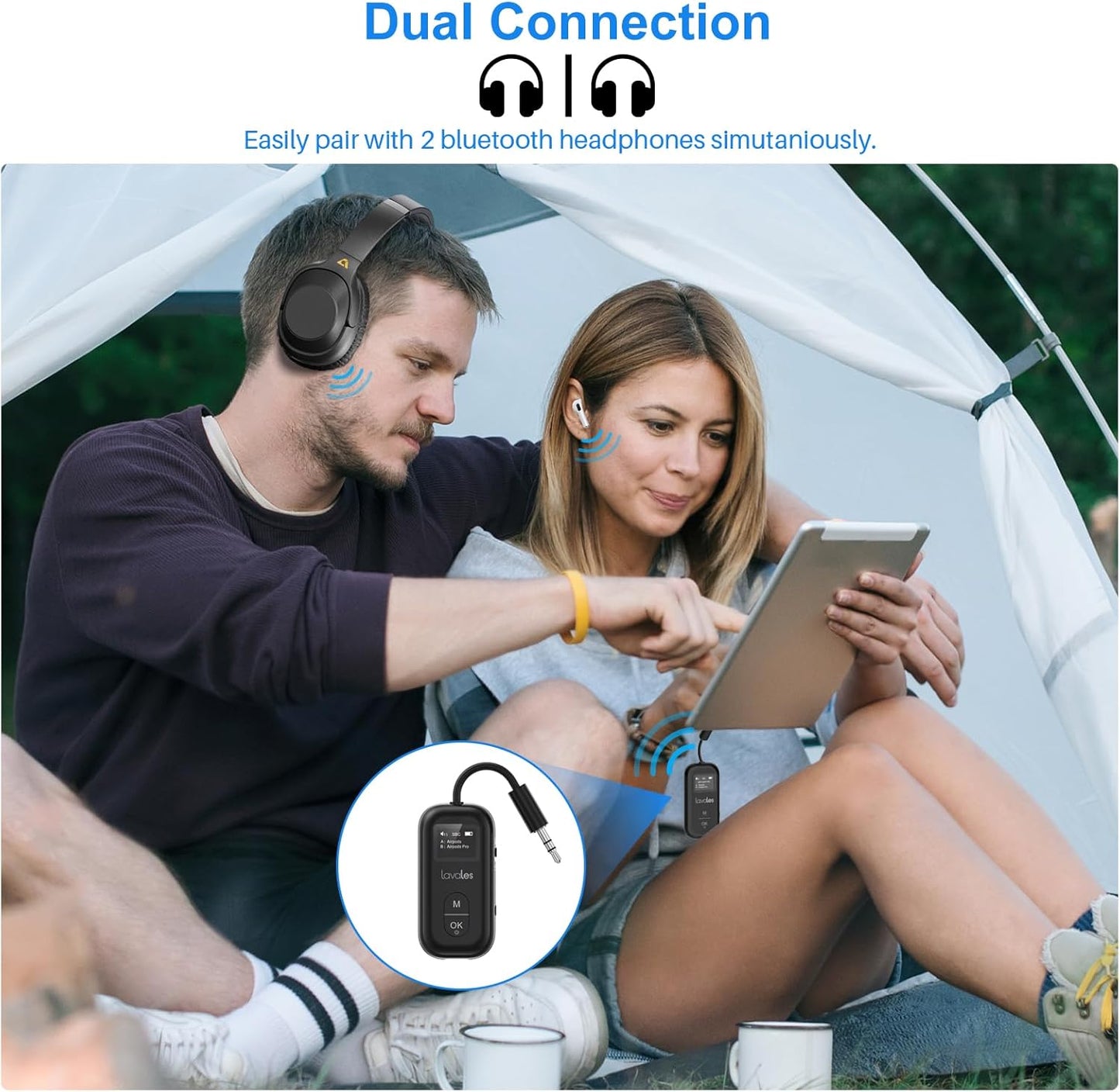 Bluetooth 5.3 Transmitter Receiver for Airplane to 2 Headphone – AptX Low Latency, 100ft Long Range, 25H Playtime, 2-in-1 Wireless Bluetooth Audio Adapter W/Screen for TV, Tablets, Speakers