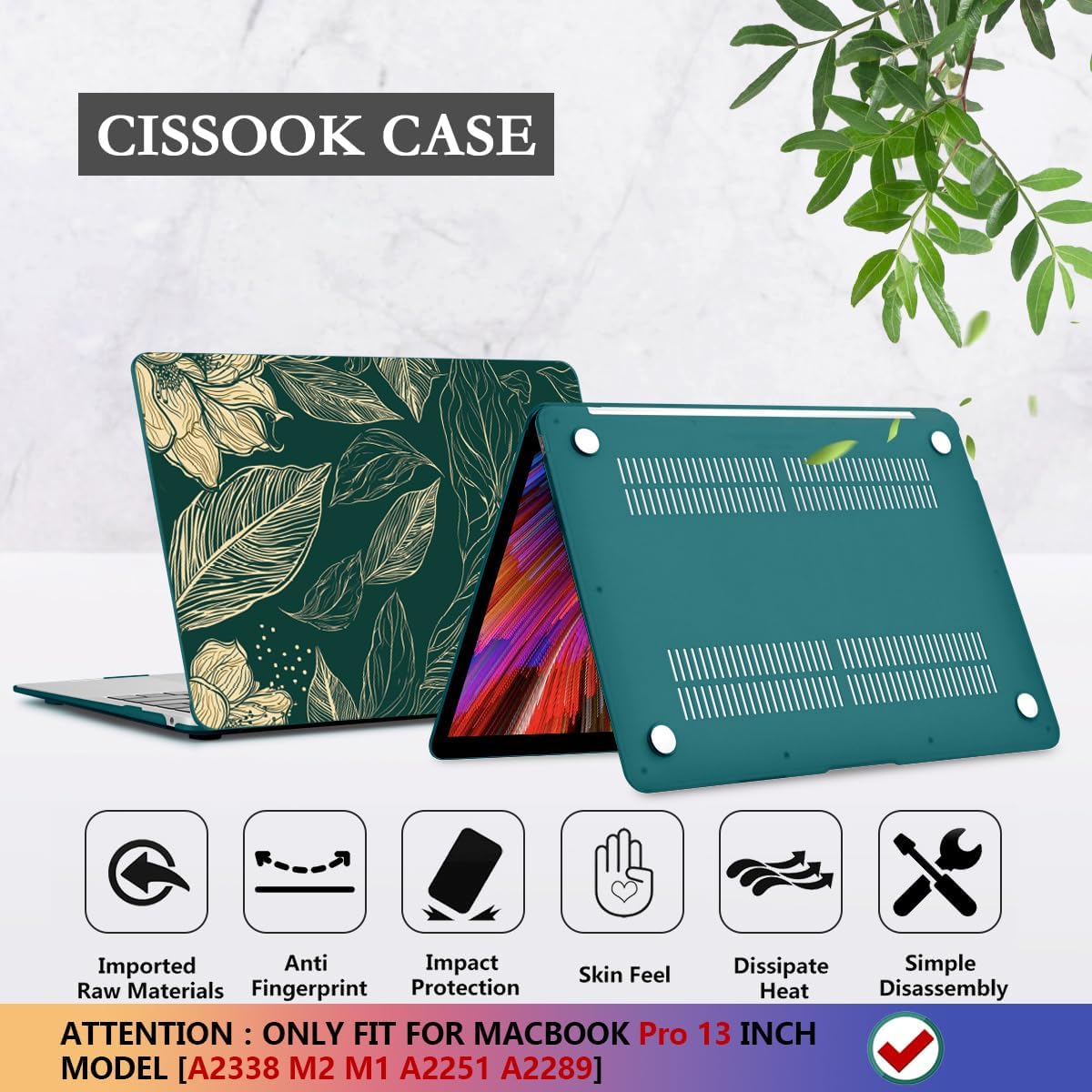 CISSOOK Compatible with MacBook Pro 13 inch Case 2025-2016 Release M2 M1 A2338 A2251 A2289 A2159 A1989 A1706, Plastic Hard Shell Case & Keyboard Cover & Screen Protector, Elegant Floral