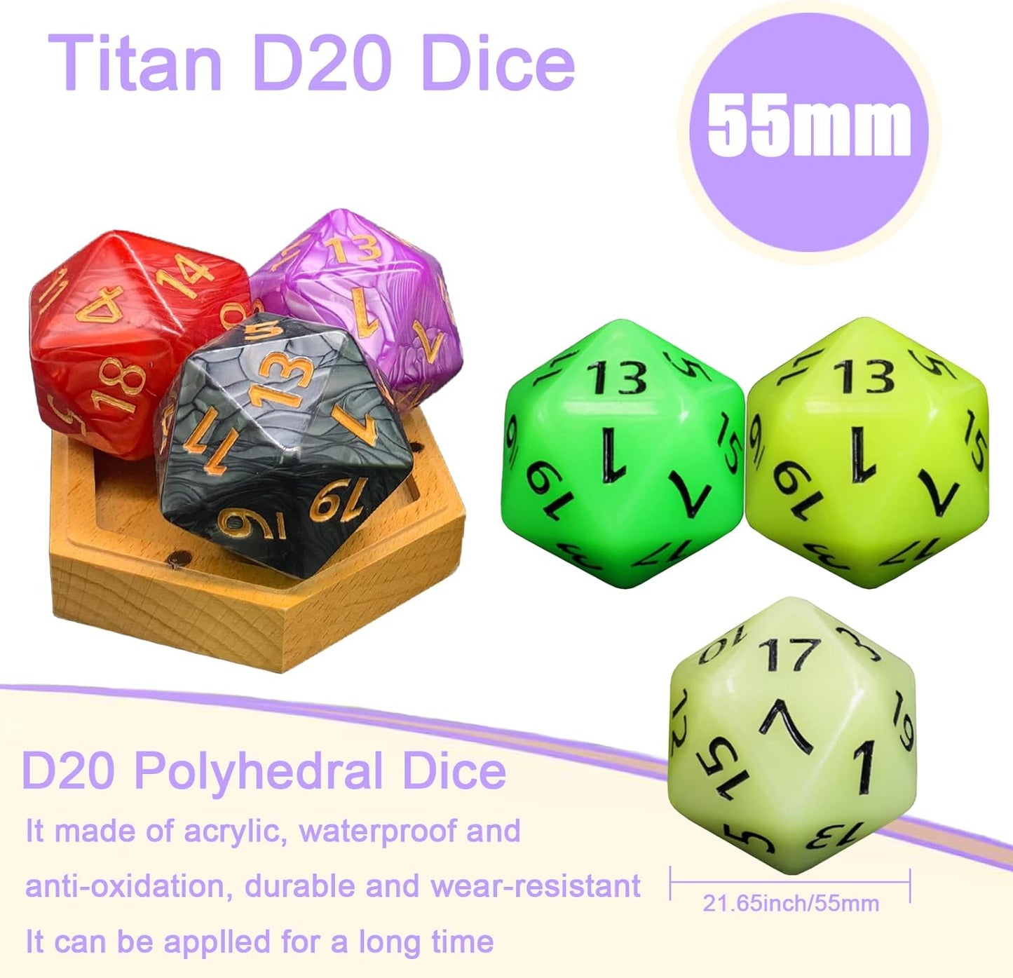 20 Sided DND Dice,D20 Giant Polyhedral Dice,55mm Titan Large Pearl Color D20 Dice,20 Sided Cube D&D Dice Set for Dungeons and Dragons, RPG, MTG Table Games(Purple-Pearl Series)