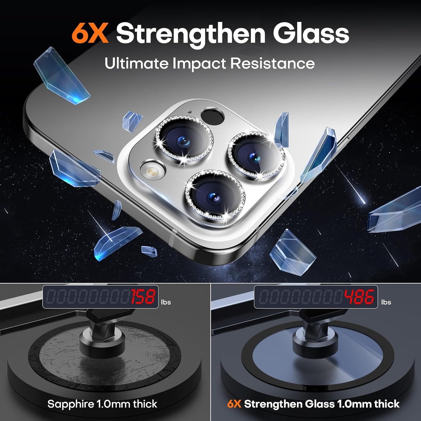 Camera Lens Protector for iPhone 16 Pro Max/16 Pro/15 Pro Max/15 Pro/14 Pro Max/14 Pro, Aluminum Alloy Sapphire Glass Camera Screen Cover, Case Friendly-Silver Diamond