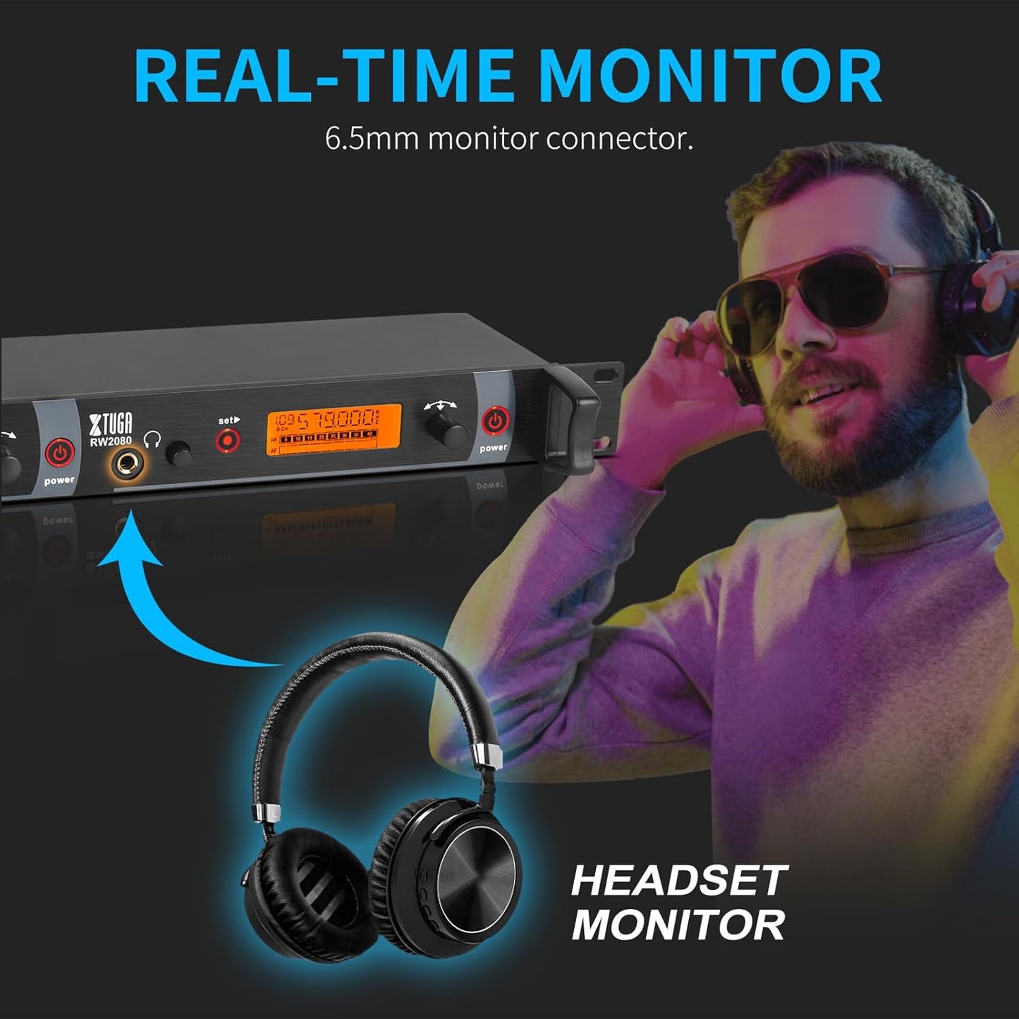 XTUGA RW2080 Wireless in Ear Monitor System 6 Bodypacks UHF IEM System, Dual Channel Mono Design Stage Monitors Earphone with 40 Frequencies, 300Ft for Band, Studio or Musicians, 902-928mhz