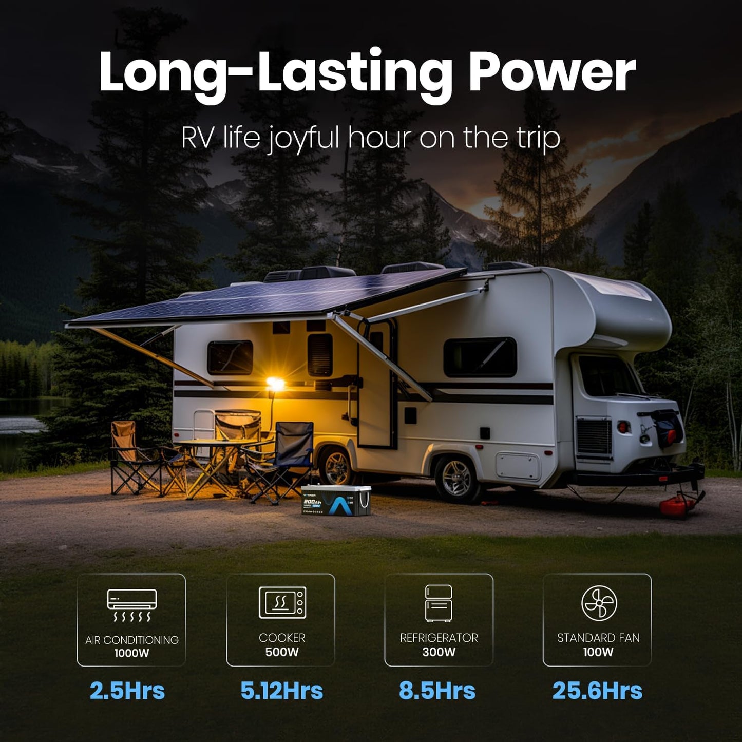 12V 200AH Bluetooth LiFePO4 Lithium Battery with Self-Heating, Built-in 200A BMS, Supports Low Temp Charging(-4°F), 5000+ Cycles, Perfect for RV/Camper, Solar, and Off-Grid Applications, etc.