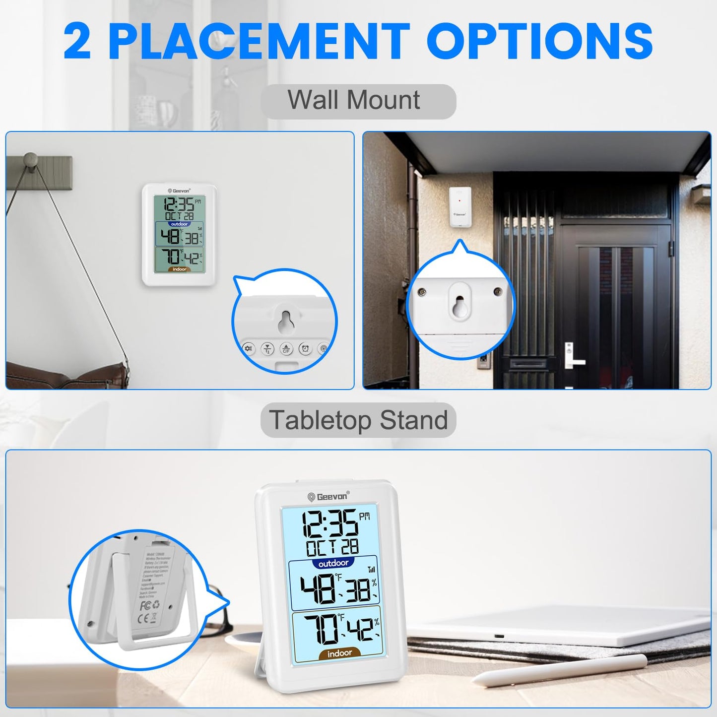 Geevon Digital Hygrometer Indoor Outdoor Thermometer Wireless with Clock, Backlight Temperature Gauge Humidity Monitor, Inside Outside Thermometer with 200ft/60m Range Remote Sensor,White