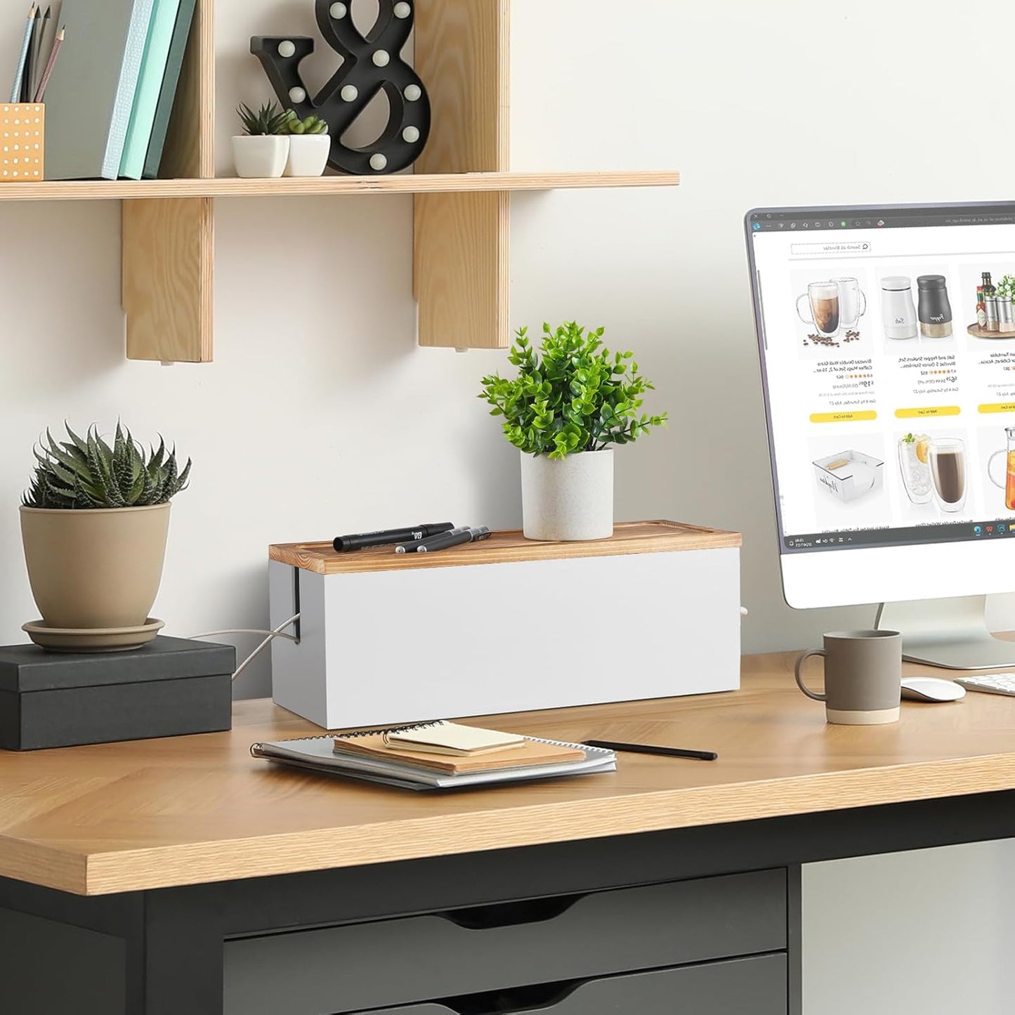 Bivvclaz Large Cable Management Box, Wooden Cord Organizer Box for Desk, Floor, Office to Hide Extension Cords Power Stripes Surge Protectors Chargers Wires, White