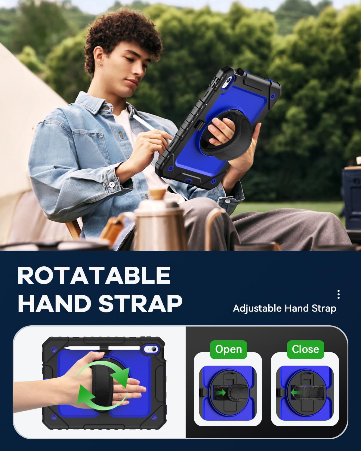 Cantis Case for iPad 11-inch (A16) 2025/ iPad 10th Generation 2022 (10.9 inch) with Screen Protector, iPad 11th Case with 360 Degree Rotating Stand/Shoulder Strap/Pencil Holder, Black+Dark Blue