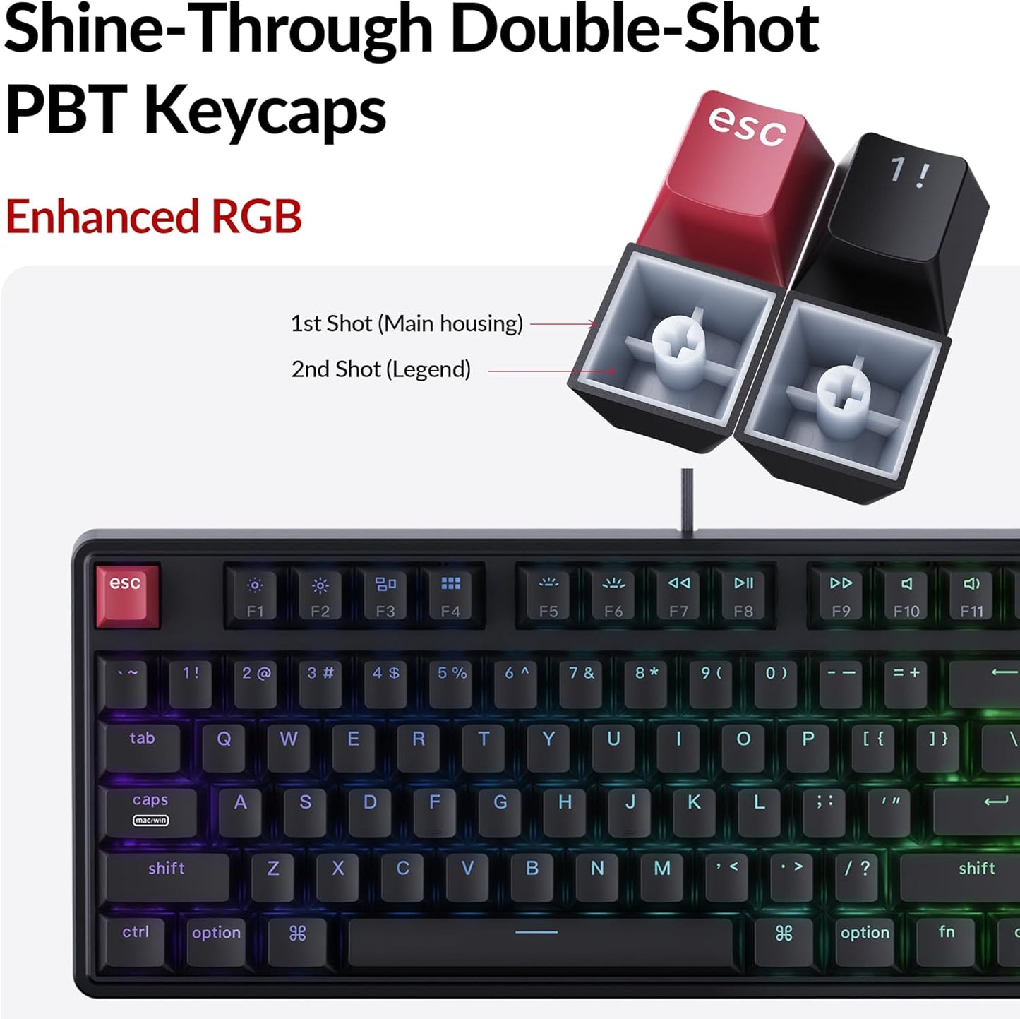 Keychron C3 Pro TKL 80% Wired Mechanical Keyboard, 8K Polling Rate, QMK/VIA Programmable, Hot-Swappable, RGB Backlit Shine-Through Keycaps, Super Red Switch, for Windows/Mac