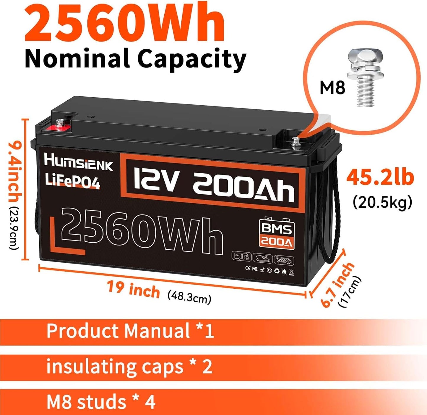 12V 200Ah LiFePO4 Battery, Built-in 200A BMS, Rechargeable 6000-20000 Deep Cycles & 10-Year Lifetime, 2560Wh Lithium Battery for Off-Grid and Home Solar System, Marine, Trailer, RV