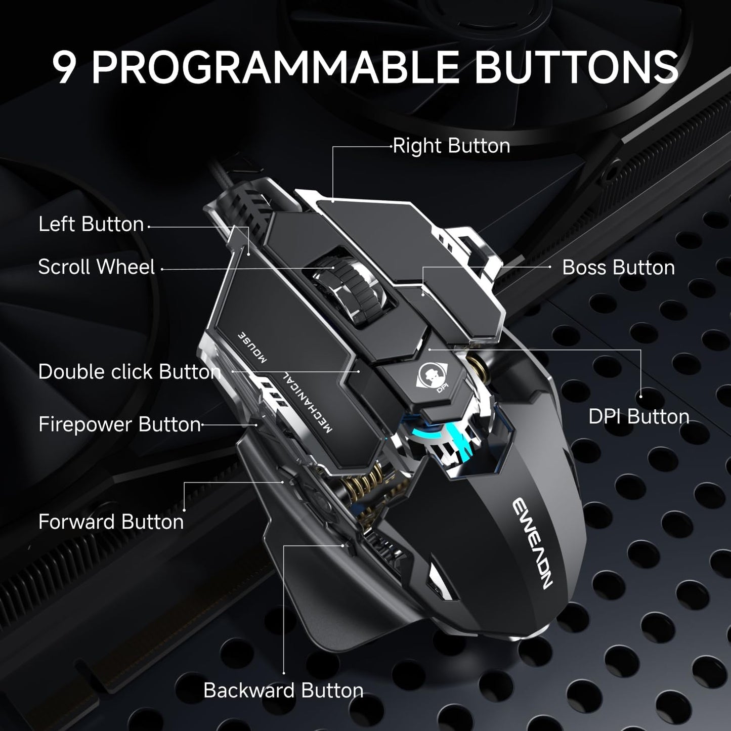 EWEADN G5 Wired Gaming Mouse, Ergonomic RGB Computer Mouse, 12800 Adjustable DPI, 9 Programmable Macro Buttons with Rapid Fire Key Compatible for PC/Laptop/Windows-Black&White