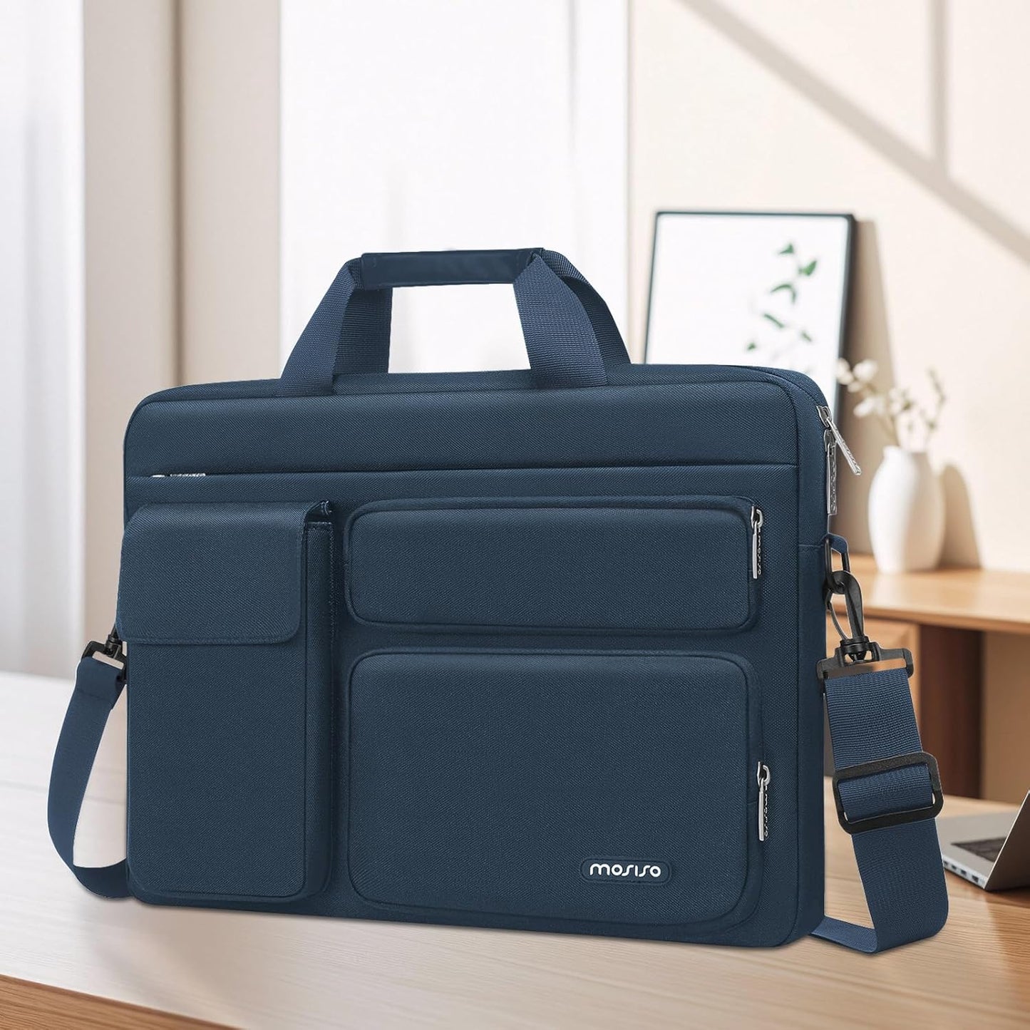 MOSISO Laptop Shoulder Bag, Computer Bag with 2 Raised&1 Flapover&1 Horizontal Pocket&Handle&Belt