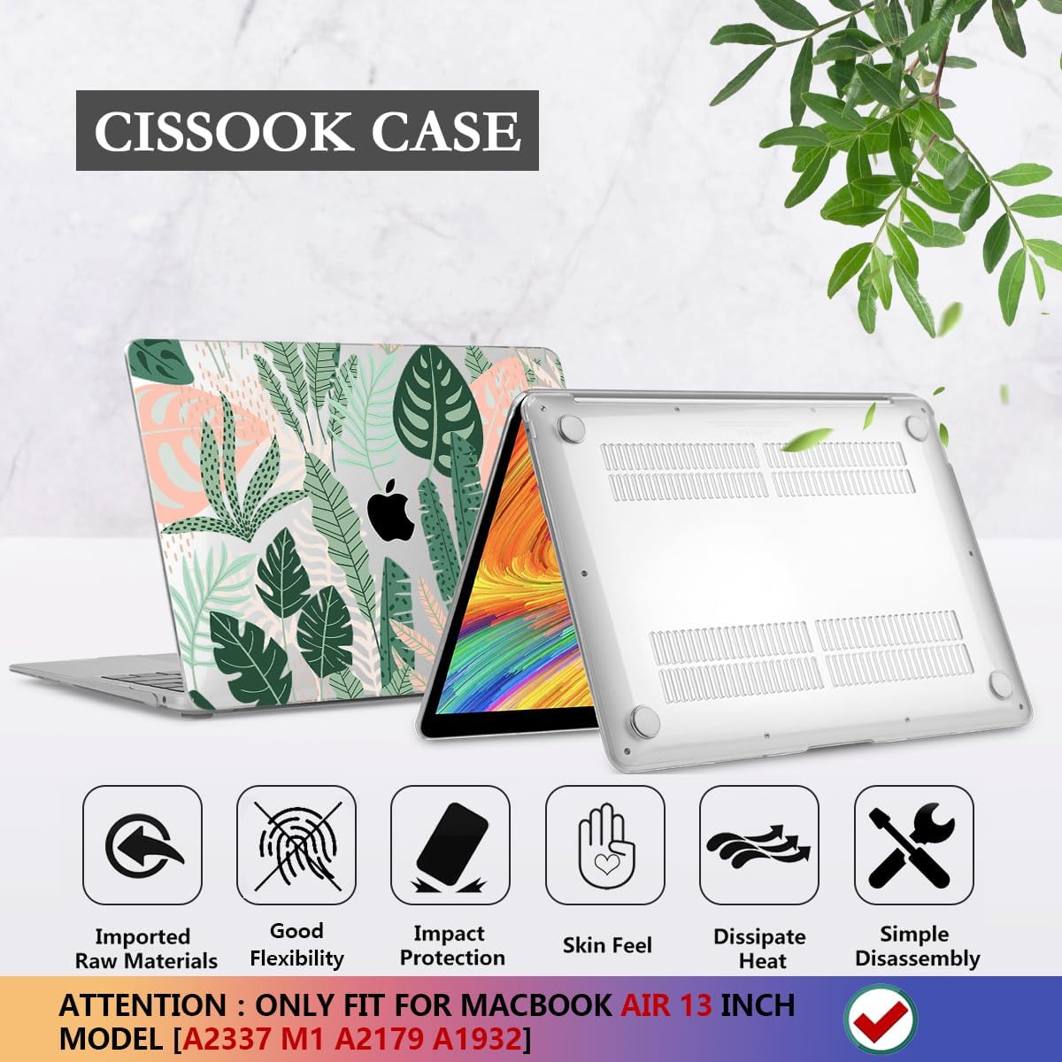 CISSOOK for MacBook Air 13 inch Case 2021 2020 2019 2018 Release A2337 M1 A2179 A1932 with Touch ID, Tropical Hard Shell Case with 2 Keyboard Covers for MacBook Air 13 2021, Tropical Palm Leaves