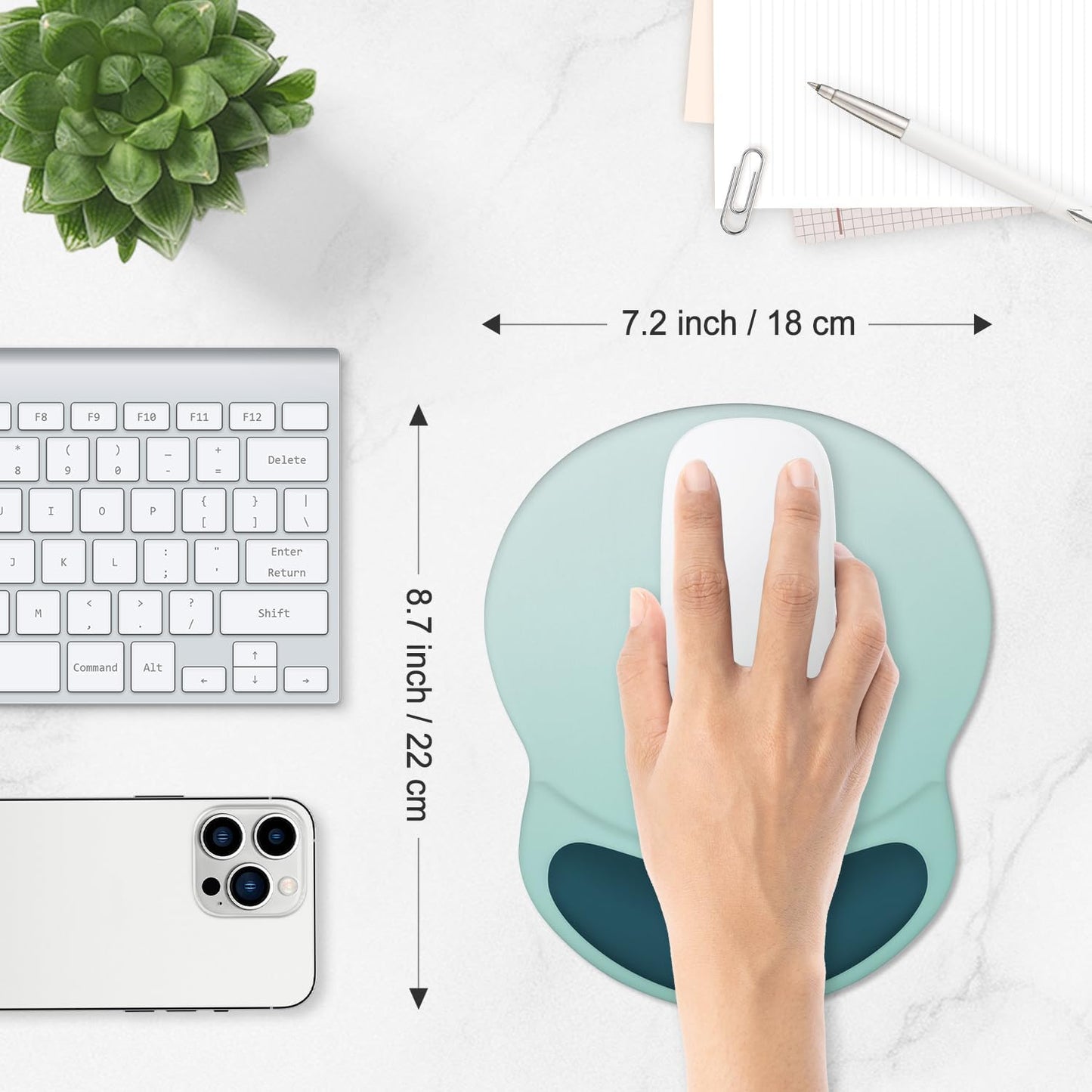 ITNRSIIET Ergonomic Mouse Pad with Comfort Gel Wrist Rest, Non-Slip PU Base, Smooth Textured Surface, Reduces Hand Fatigue & Wrist Pain, 8.7 x 7.2 Inch for Office Gaming Home, Light Green to White