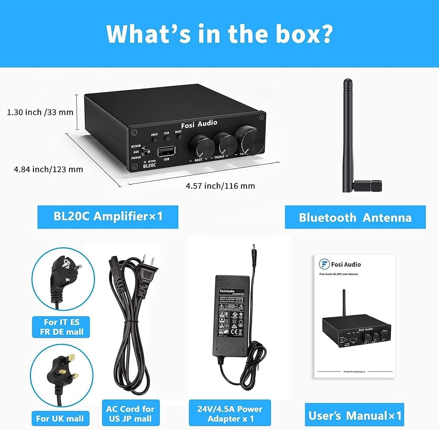 Fosi Audio BL20C Bluetooth 5.0 Stereo Audio Receiver Amplifier 320 Watts 2.1 CH Mini Hi-Fi Class D TDA7498E Integrated Amp U-Disk Player for Home Passive Speakers Powered Subwoofer(with Power Supply)