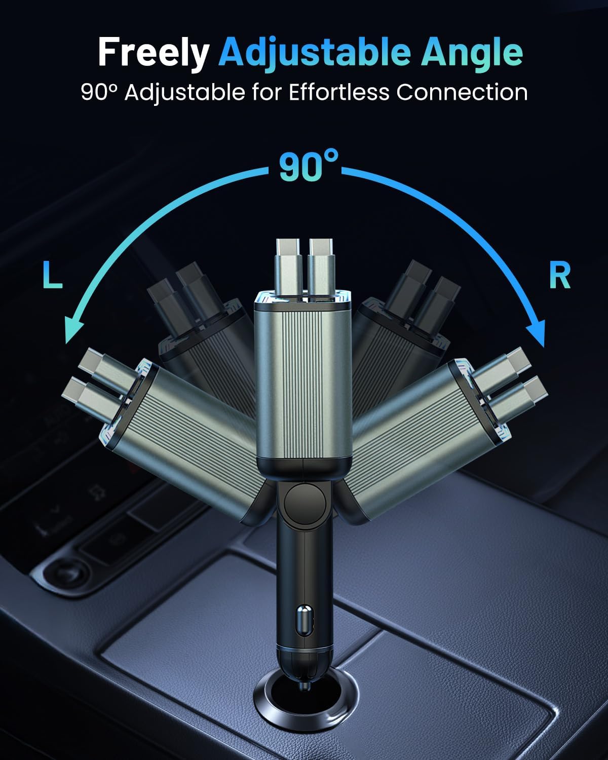 4 in 1 Retractable Car Charger with RGB Light, 92W Fast Charging Dual USB C Car Adapter, Compact Car Phone Charger for iPhone/Galaxy/Pixel, Road Trip Essentials (Dual Type C Cable)