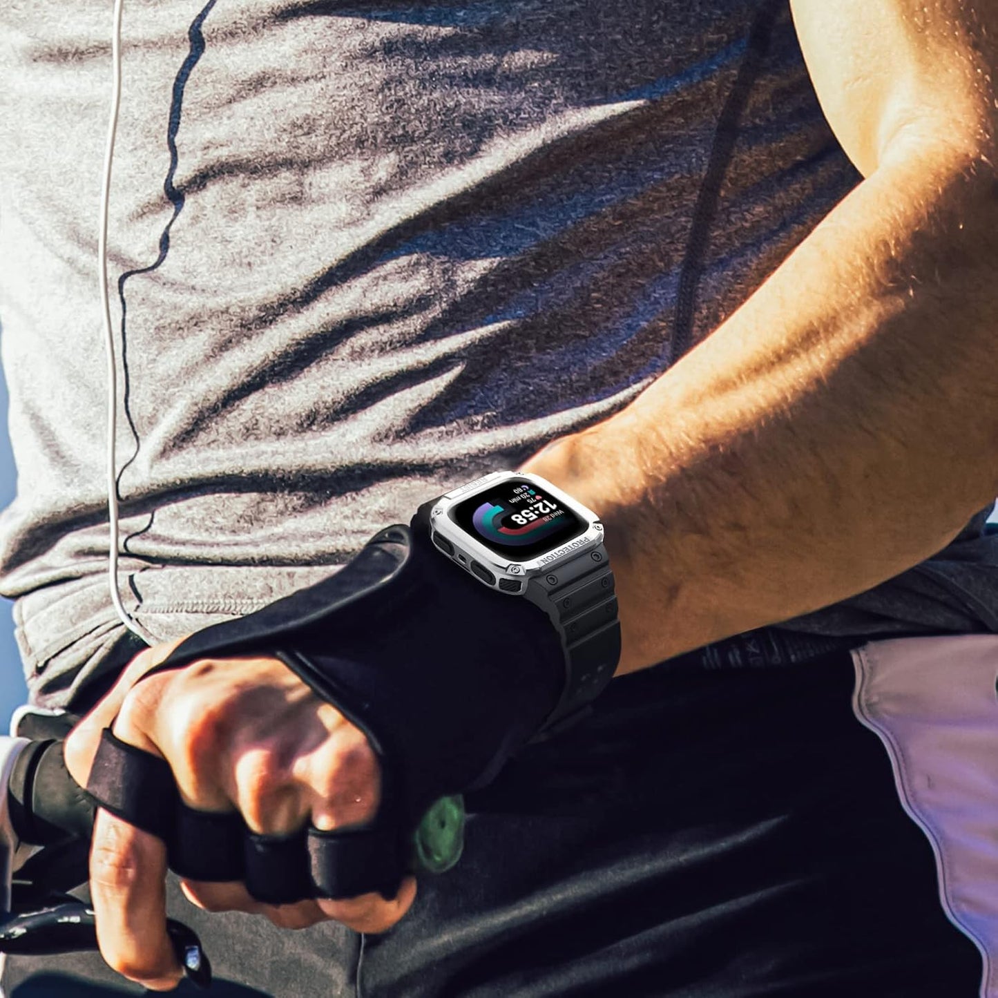 FINTIE Bands with Case Compatible with Fitbit Versa 4/3/2/1/Versa Lite/Fitbit Sense 2/Sense, Protective Case Strap Rugged Sport Band Men, Black/Silver