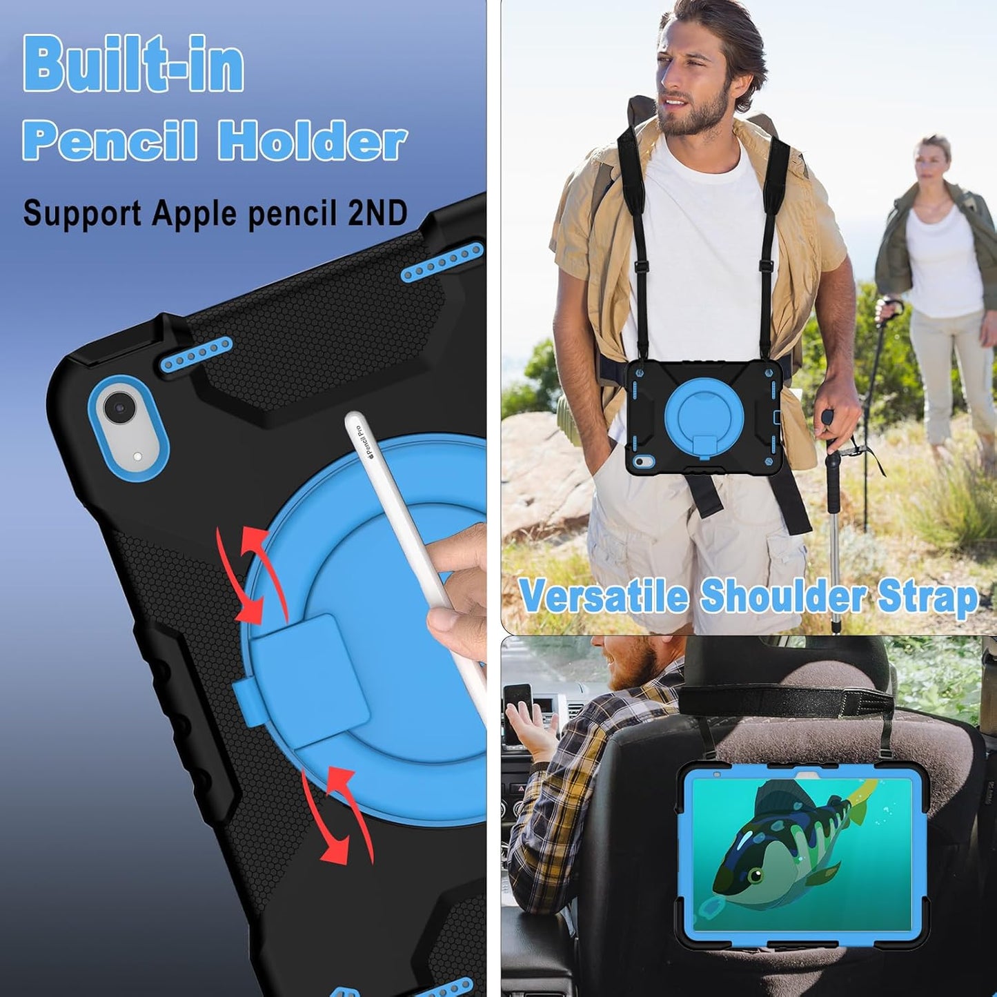 Case for iPad (A16) 11th Generation 11 inch 2025/10th Generation 10.9 inch 2022, Heavy Duty Shockproof Kids Protection Cover with Pencil Holder/360° Rotating Stand/Handle/Shoulder Strap, Black Blue