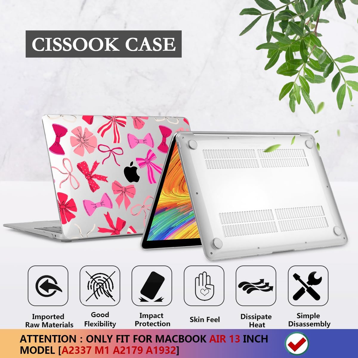 CISSOOK Compatible with MacBook Air 13 inch Case 2022 2021, 2020-2018 Release Model M1 Chip A2337 A2179 A1932, Plastic Hard Shell Case for MacBook Air 13-inch with Retina Display Touch ID, Pink Bows
