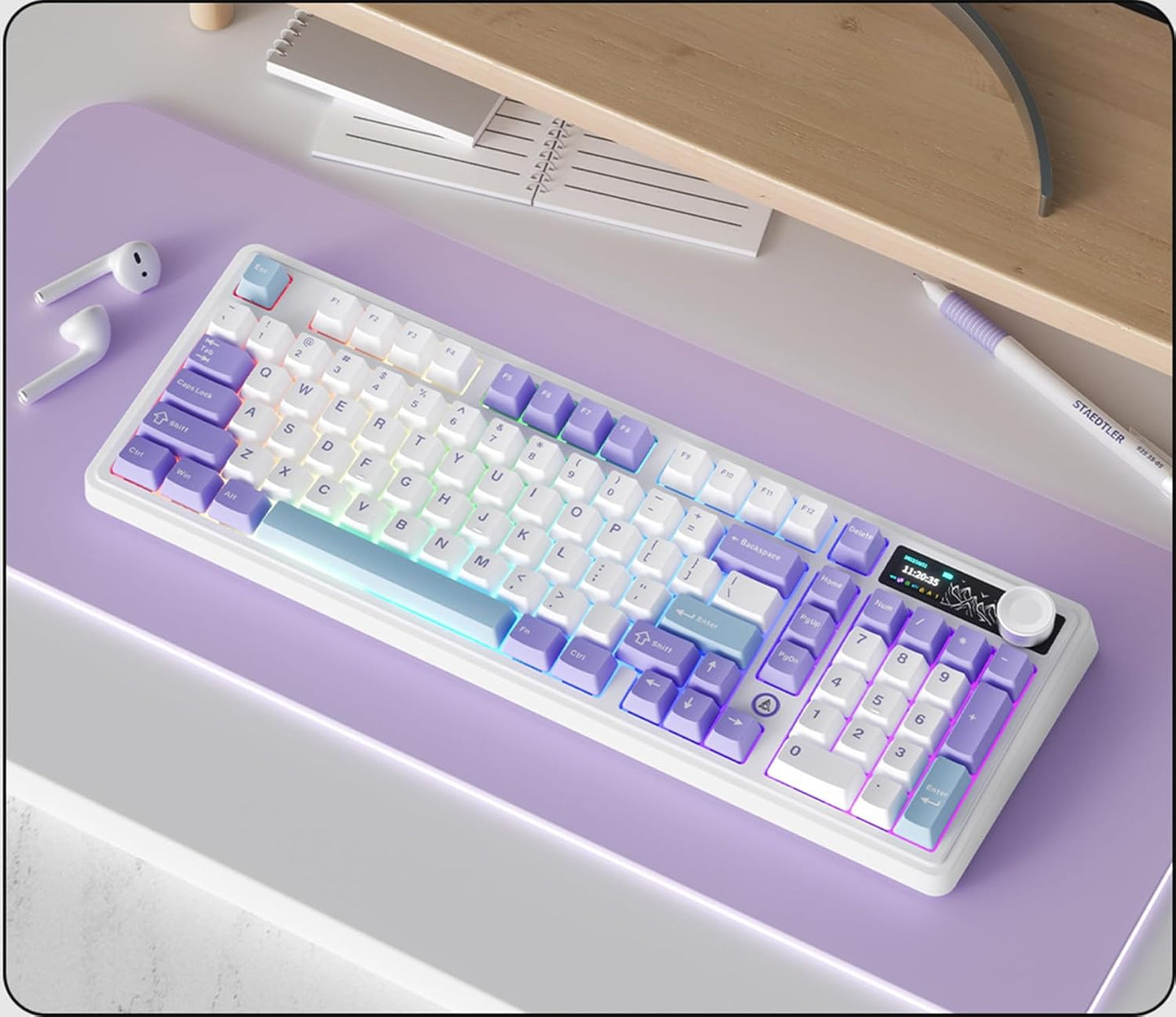 AK980 97Keys Tri-Mode Full Mechanical Keyboard, Gasket-Mounted, Hot-Swappable, 1.14” TFT Smart Display, Bluetooth 5.1/2.4G Wireless/Wired, PBT Keycaps RGB Backlit (Purple, Gift Linear Switch)